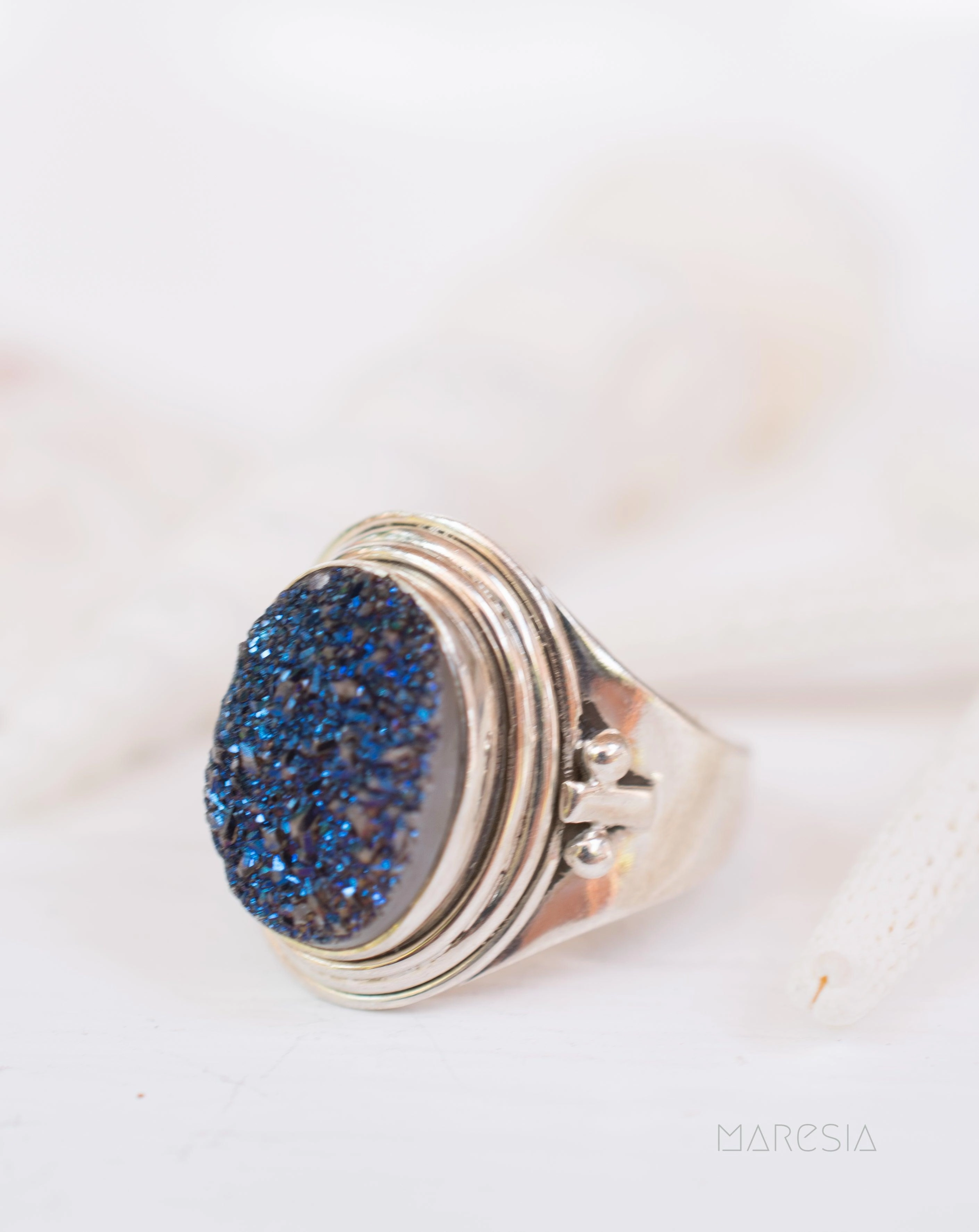 Blue Druzy Quartz Ring  ~ Sterling Silver 925 ~ SMR096
