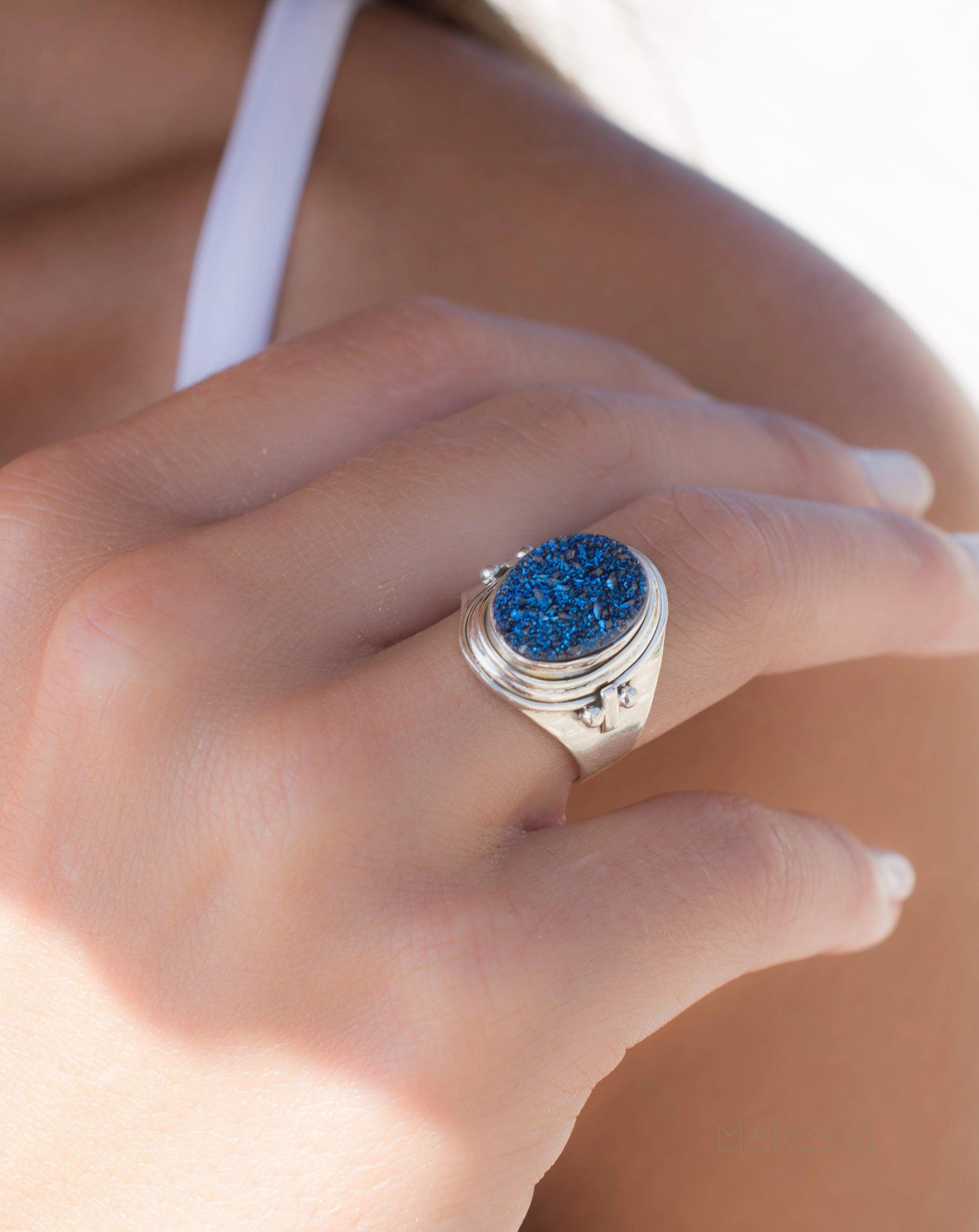 Blue Druzy Quartz Ring  ~ Sterling Silver 925 ~ SMR096