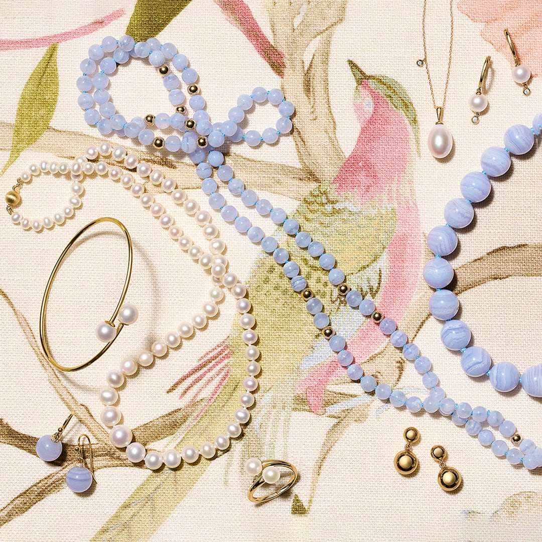 Blue Lace Agate & Gold Station Rope Necklace