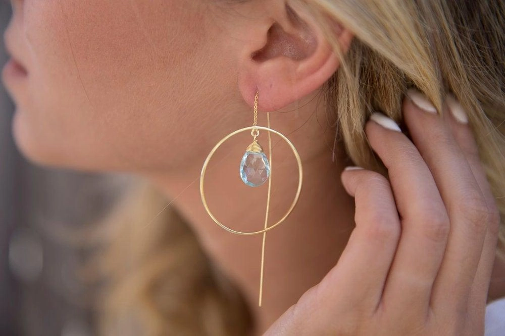 Blue Topaz hydro Threader Earrings ~ 18k Gold Plated or Silver Plated ~ ME105