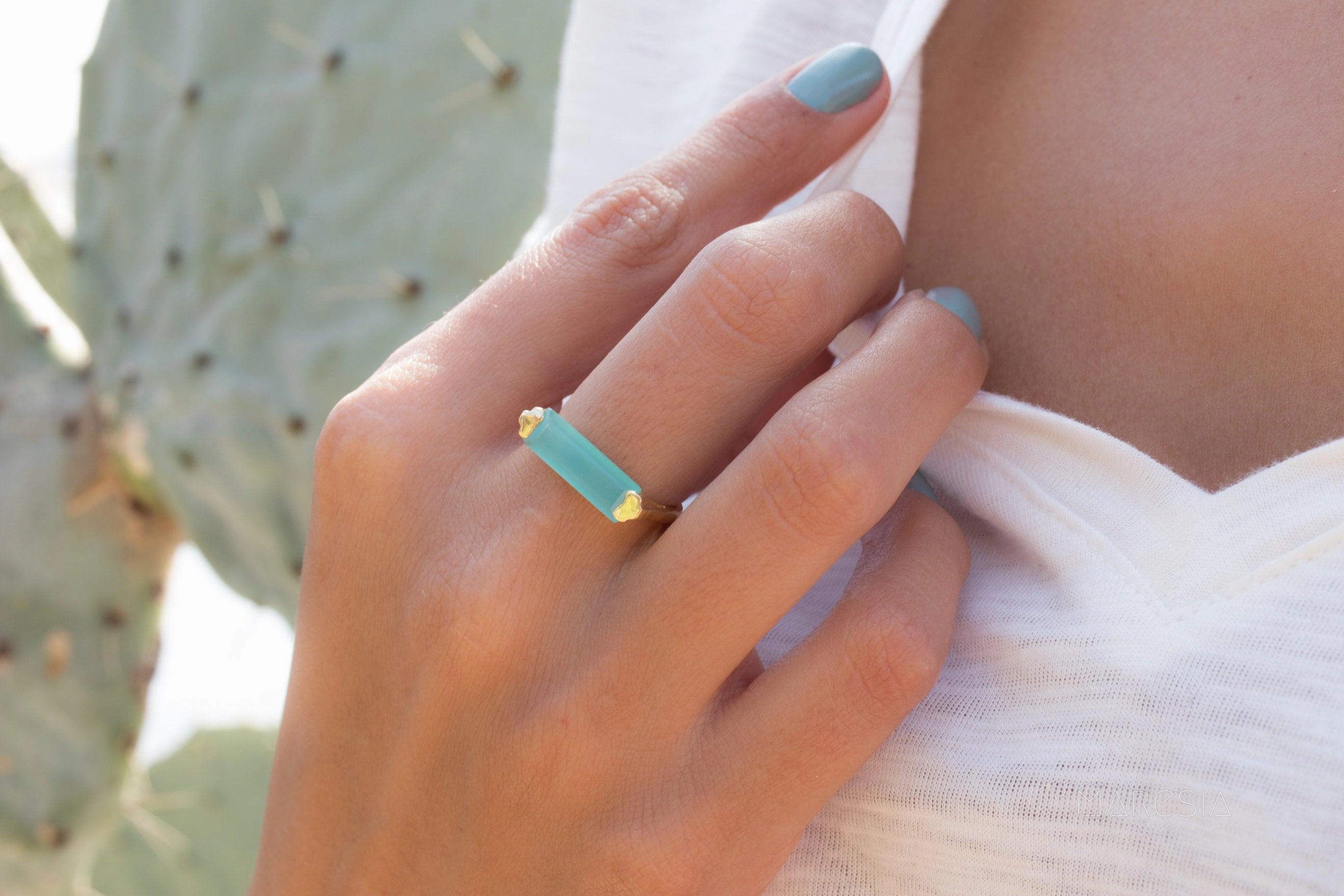 Carine Gold Ring ~ Aqua Chalcedony ~18k Gold Plated ~ MR162