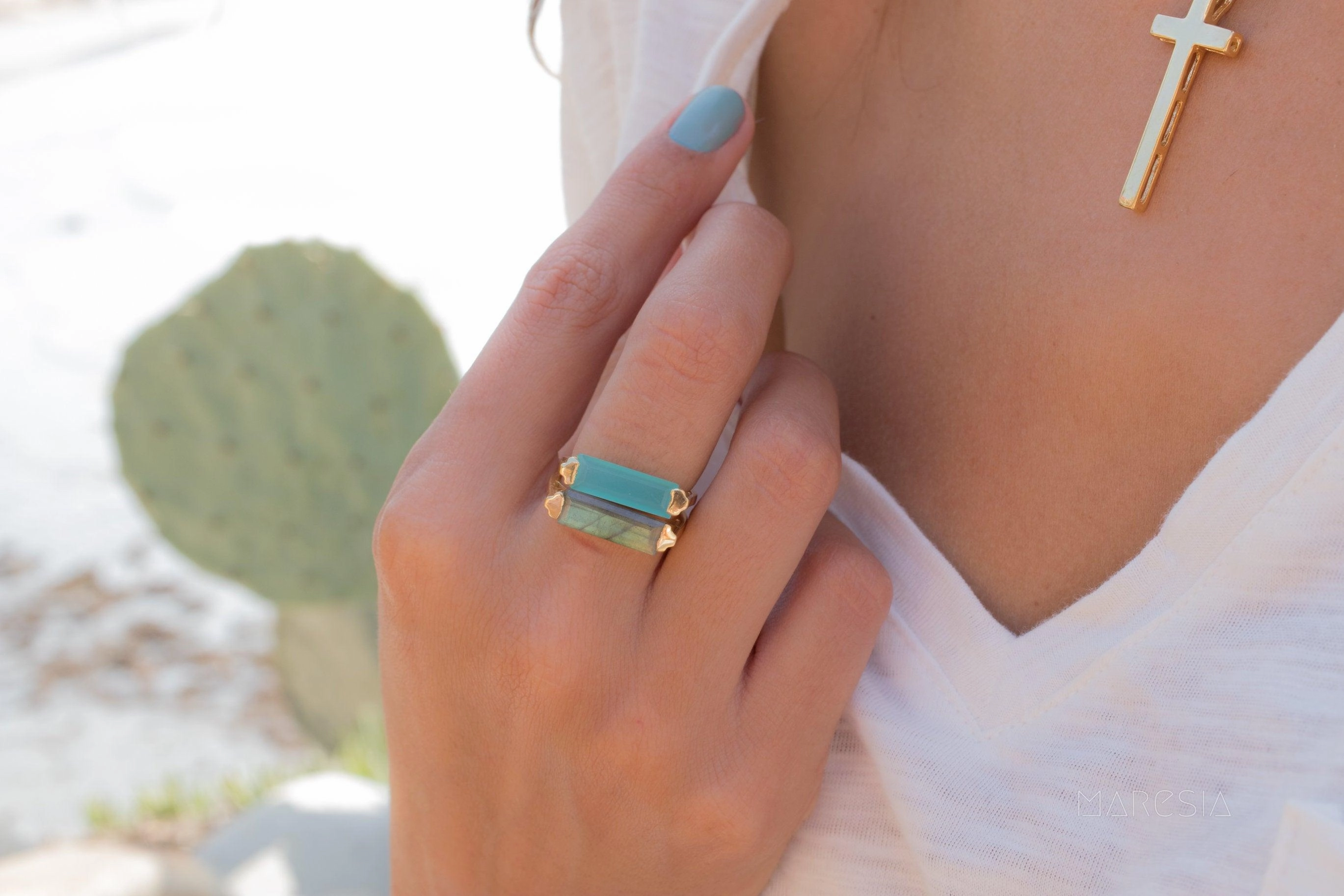 Carine Gold Ring ~ Aqua Chalcedony ~18k Gold Plated ~ MR162