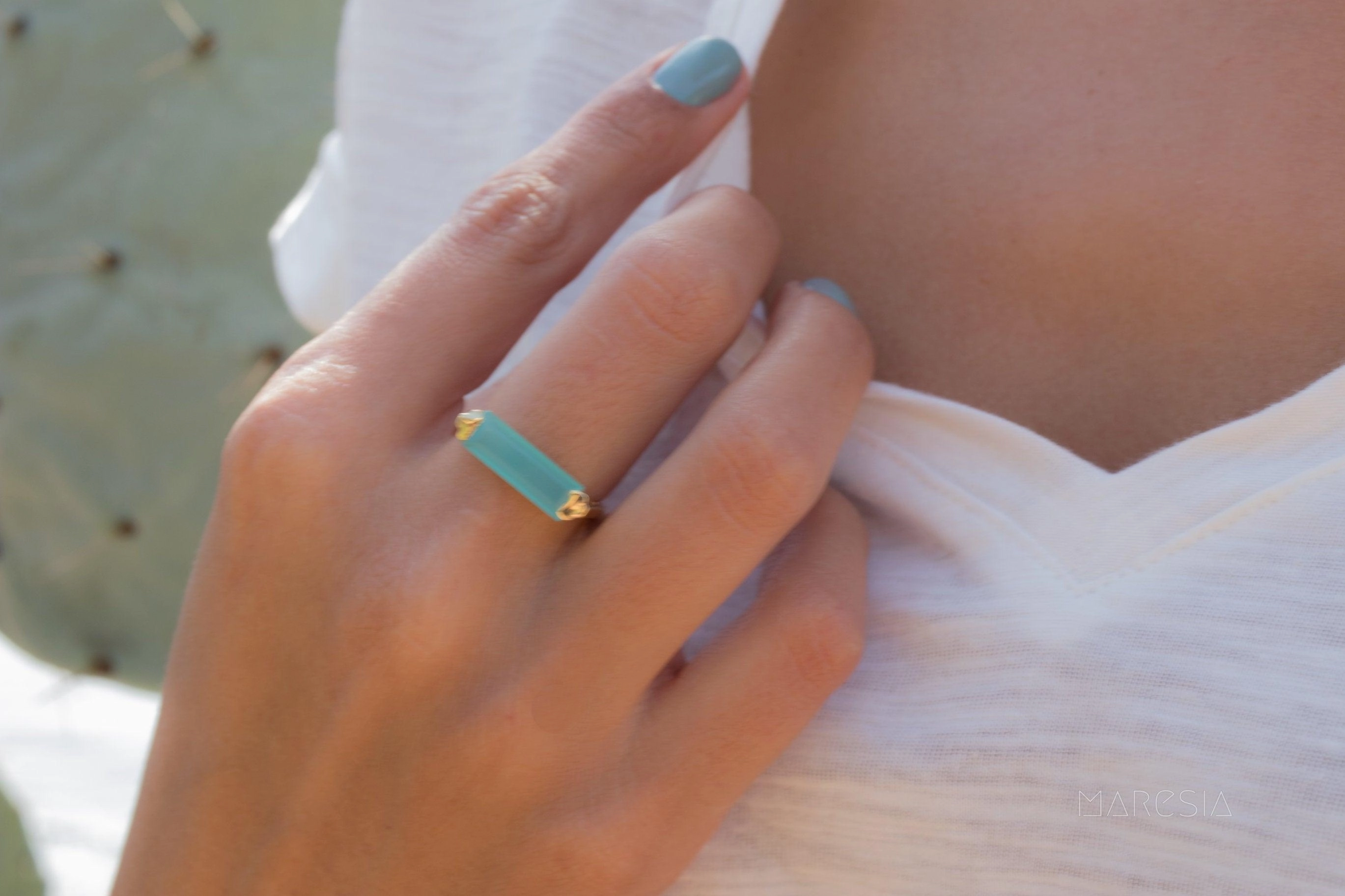 Carine Gold Ring ~ Aqua Chalcedony ~18k Gold Plated ~ MR162