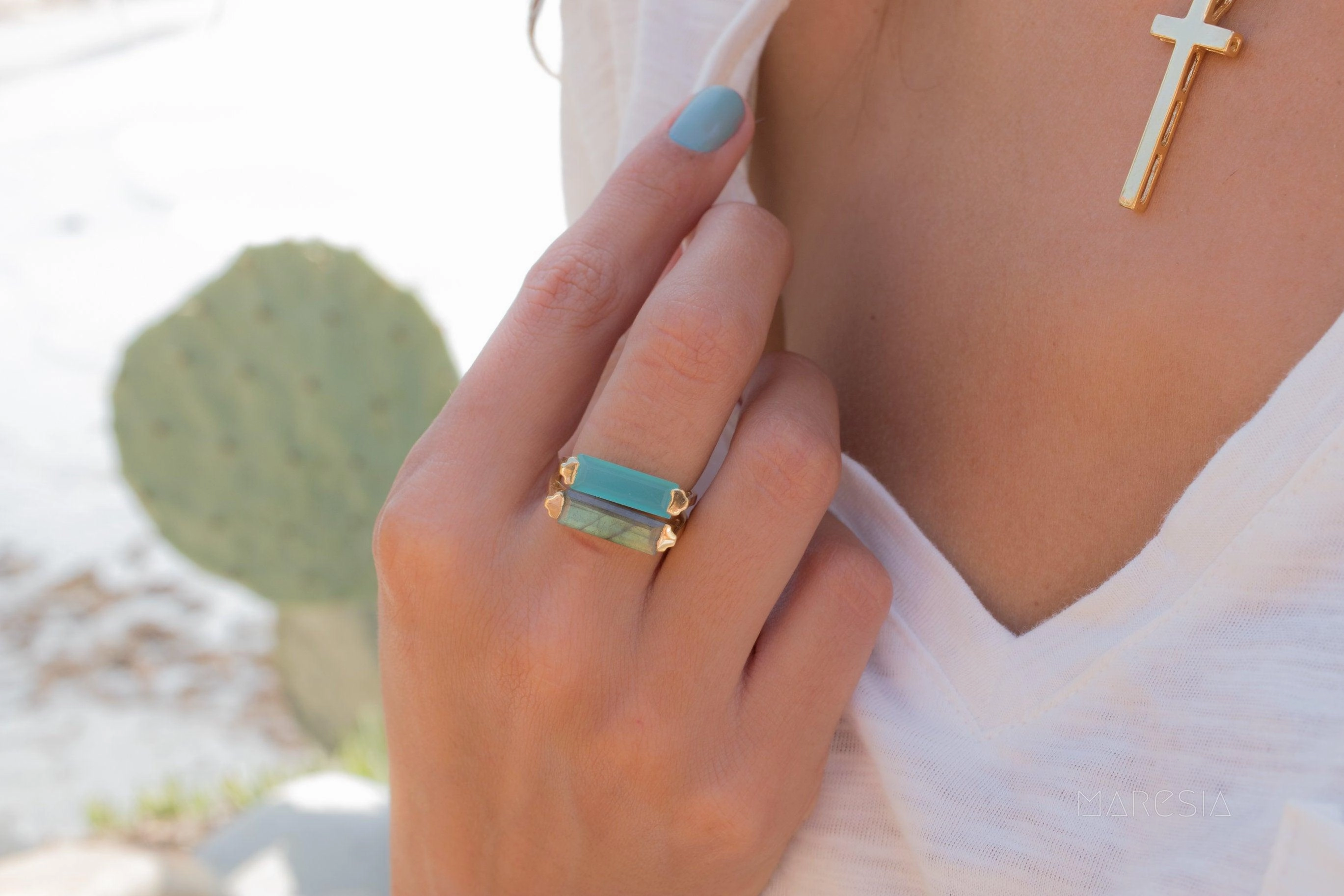Carine Gold Ring ~ Rainbow Labradorite ~ 18k Gold Plated ~ MR161