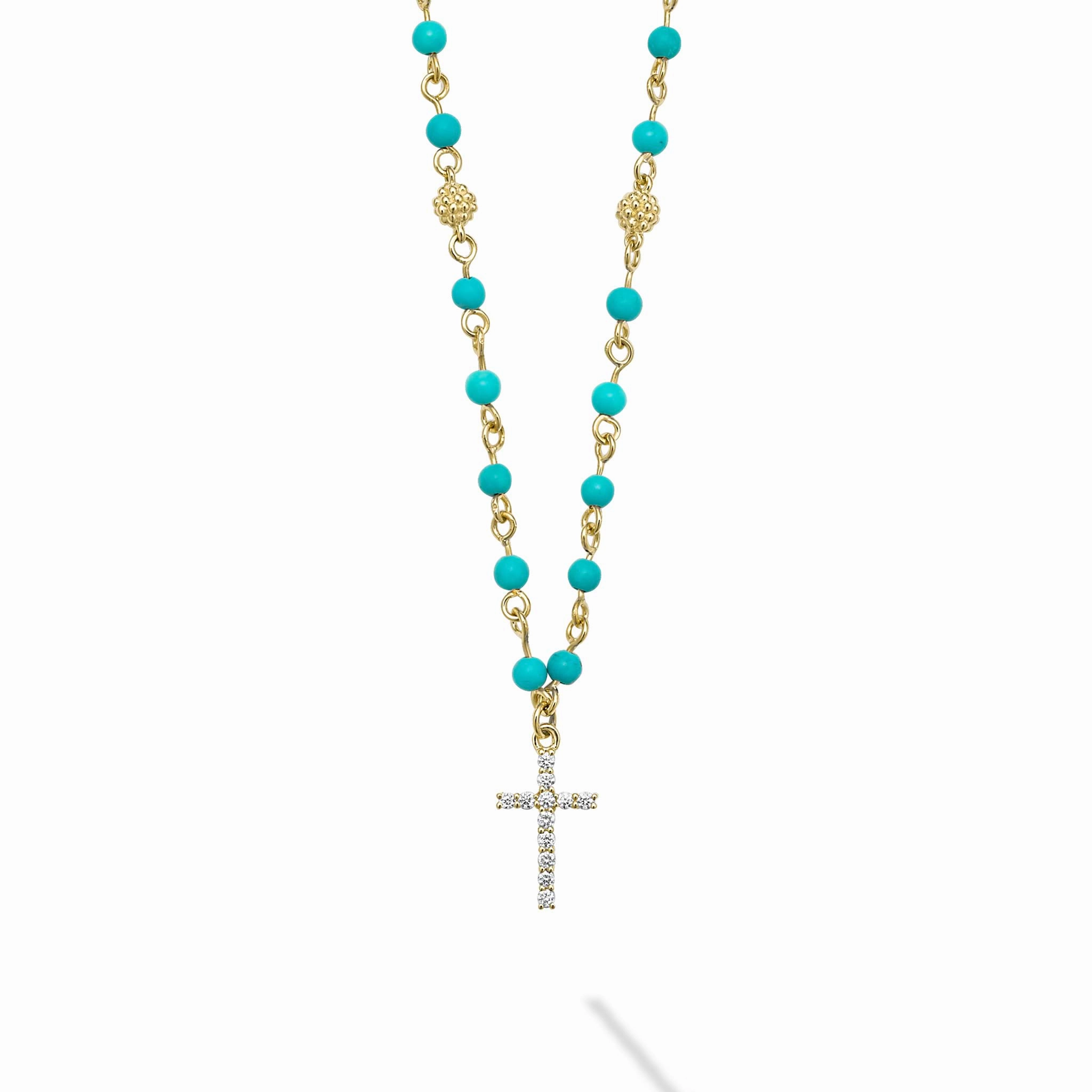 Caviar Color 18K Turquoise and Diamond Cross Necklace