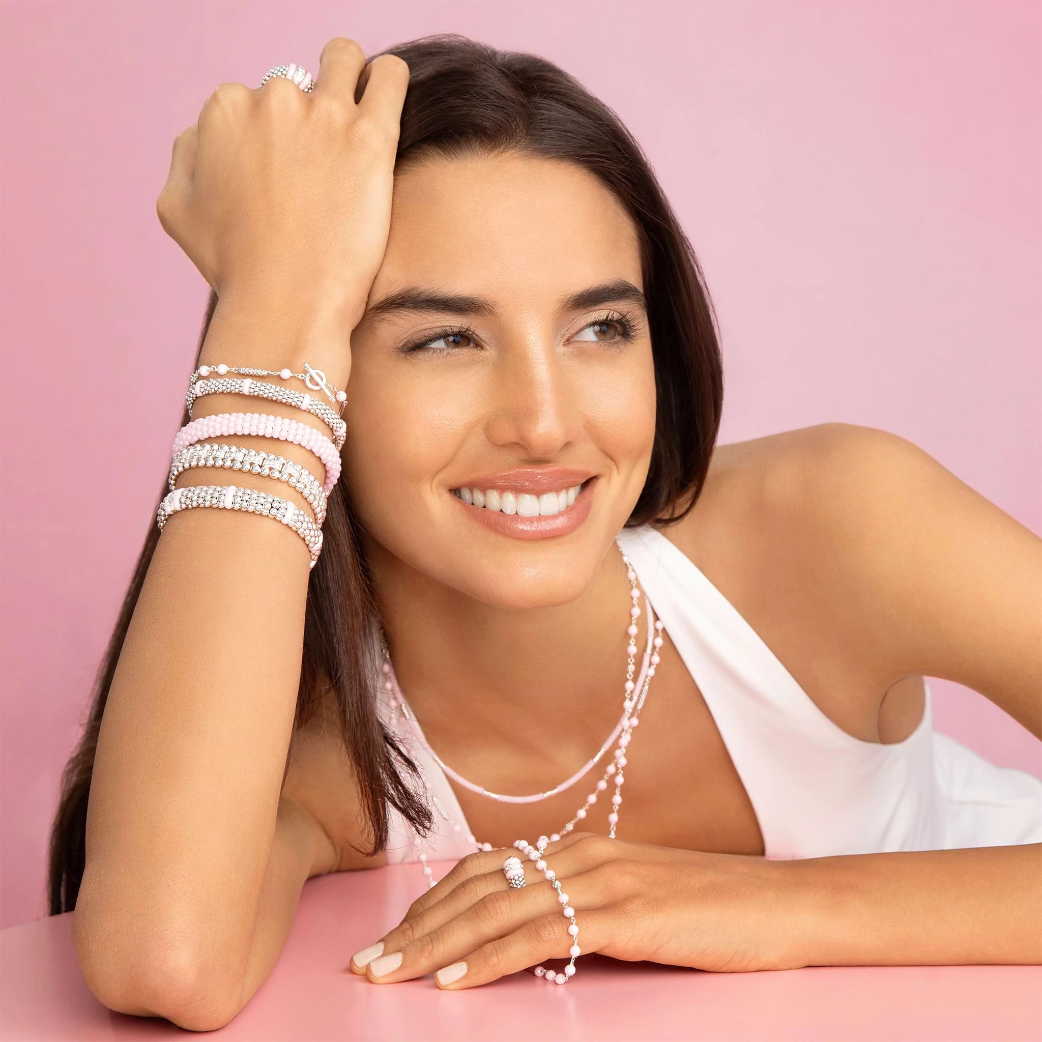 Caviar Icon Long Pink Ceramic Beaded Necklace