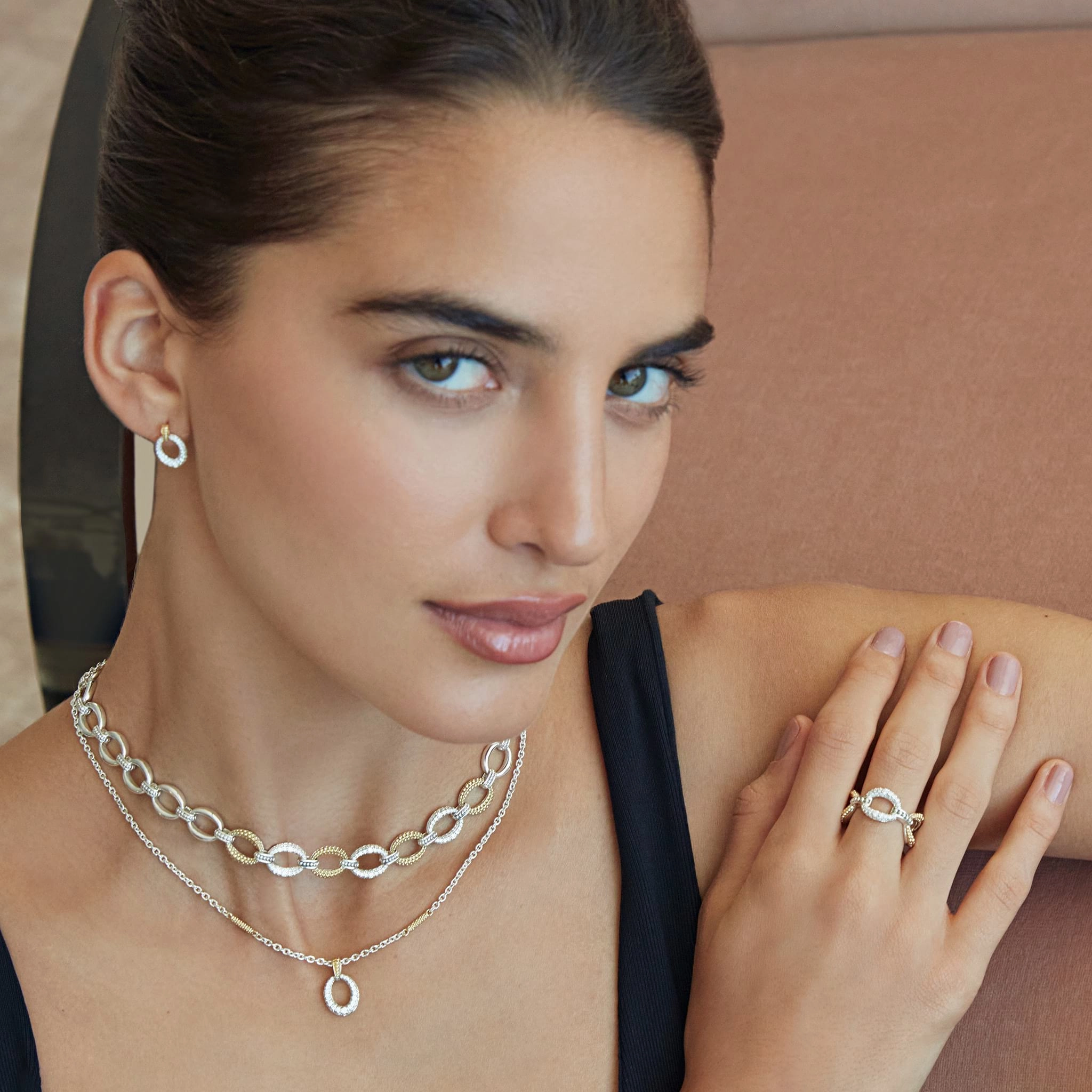 Caviar Lux Two-Tone Oval Diamond Pendant Necklace