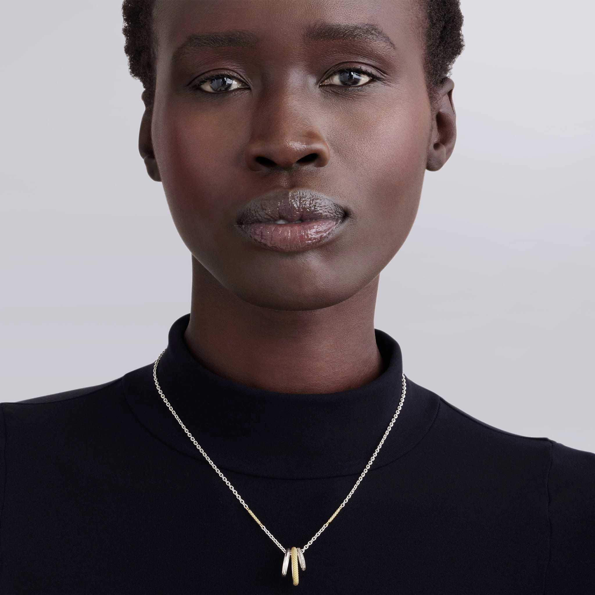 Caviar Lux Two-Tone Three Ring Diamond Pendant Necklace