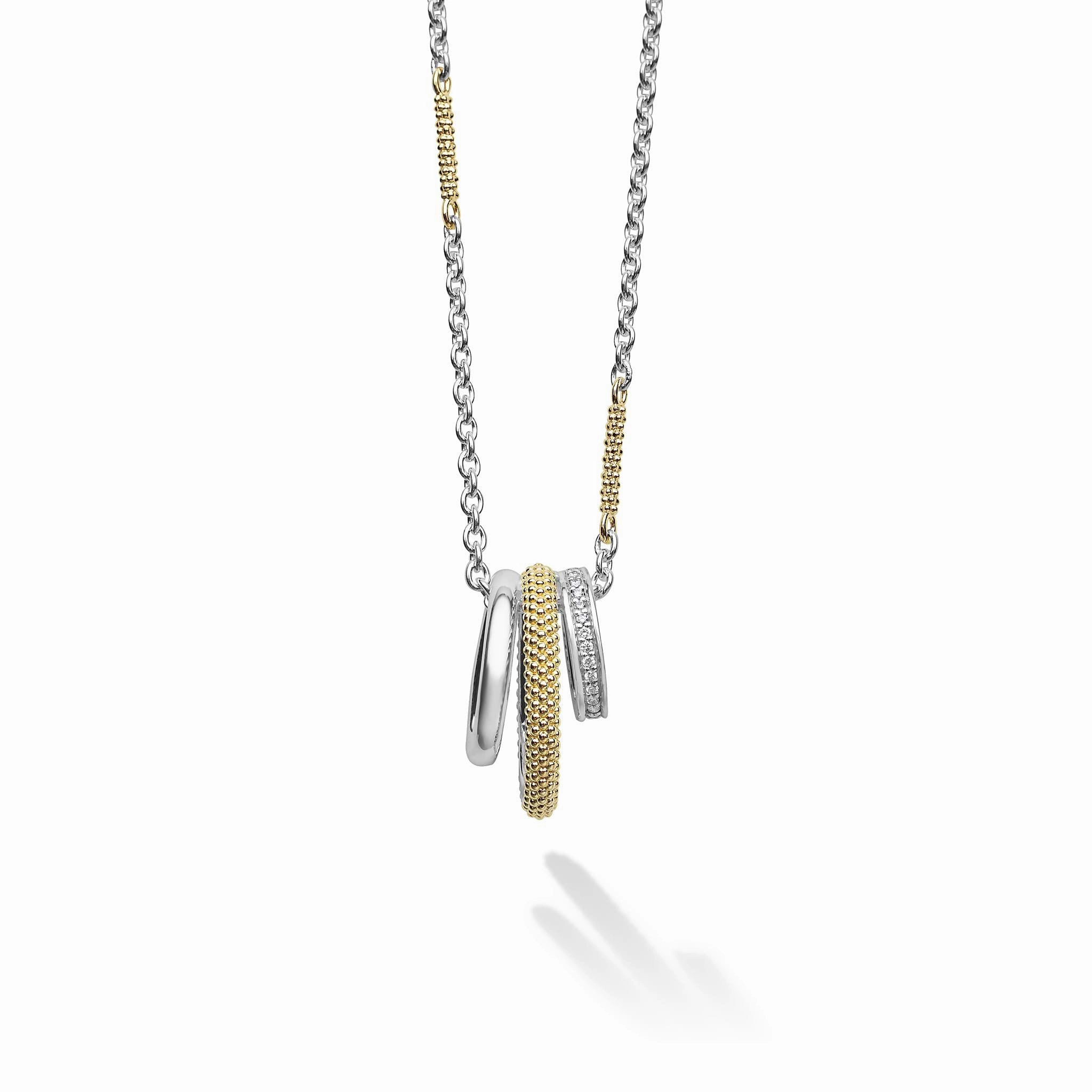 Caviar Lux Two-Tone Three Ring Diamond Pendant Necklace