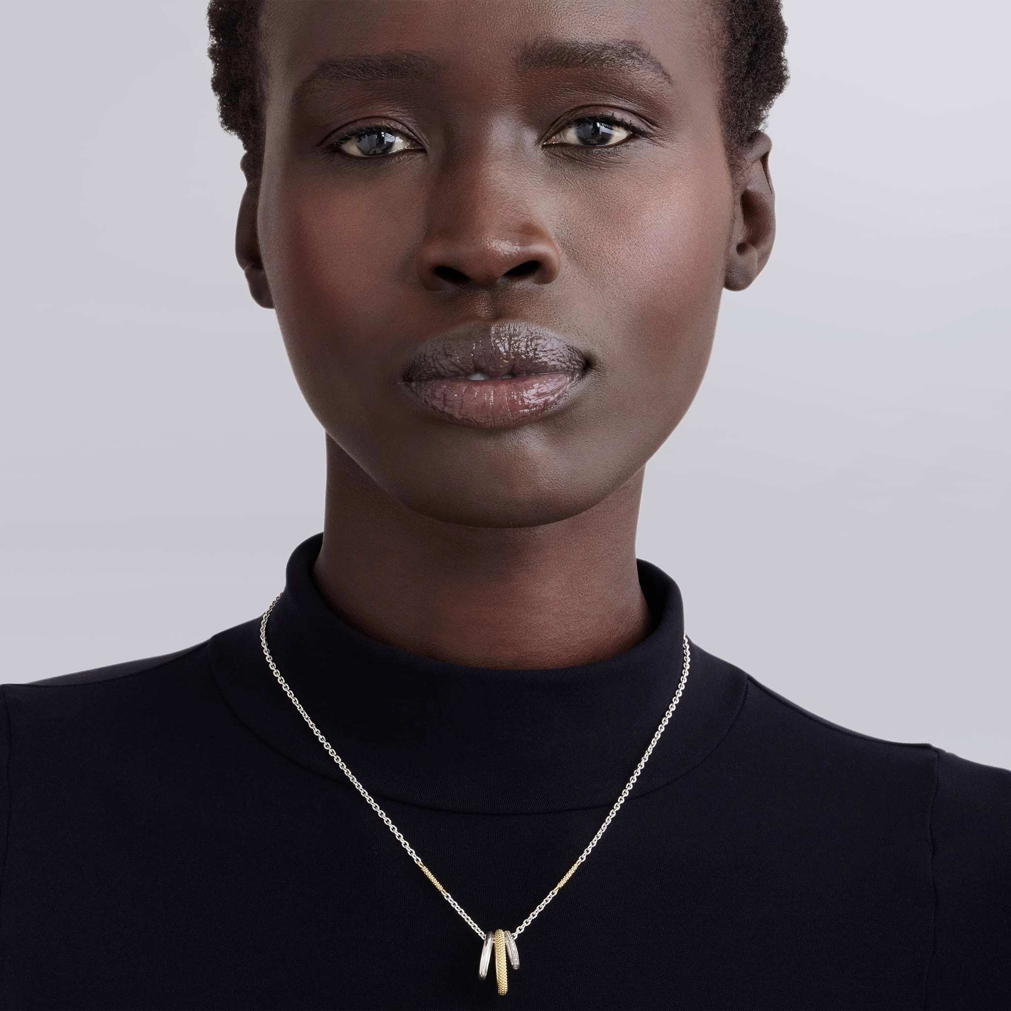 Caviar Lux Two-Tone Three Ring Diamond Pendant Necklace