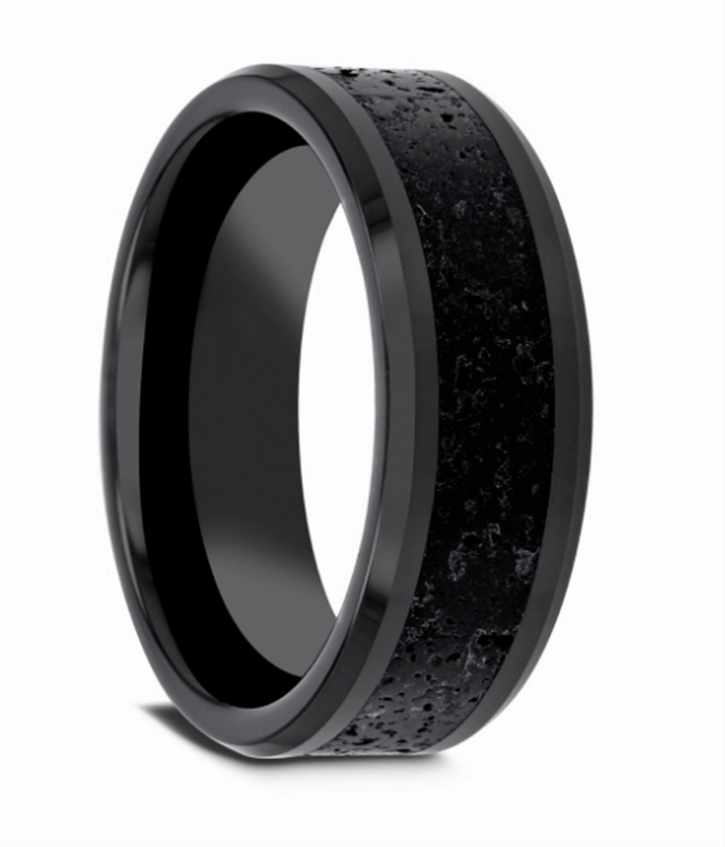 Ceramic And Lava Rock Stone Inlay Vesuvius 6mm Polished Bevel Edge Wedding Band