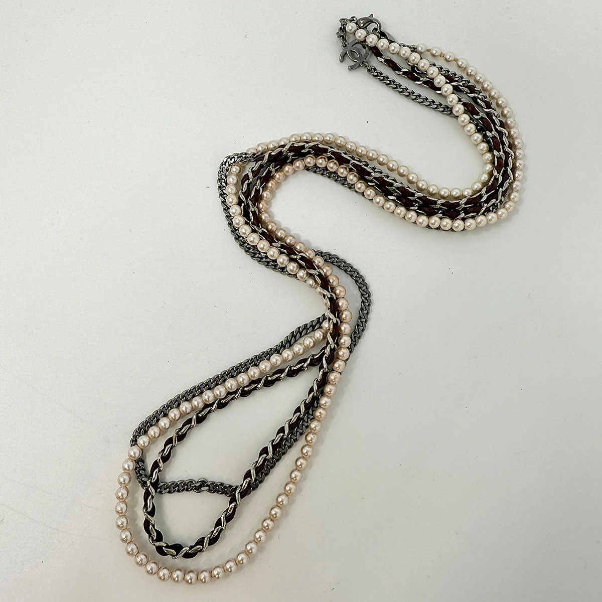 Chanel 3 Strand 28" Necklace with Faux Pearls and CC Logo / Eye Glass Necklace