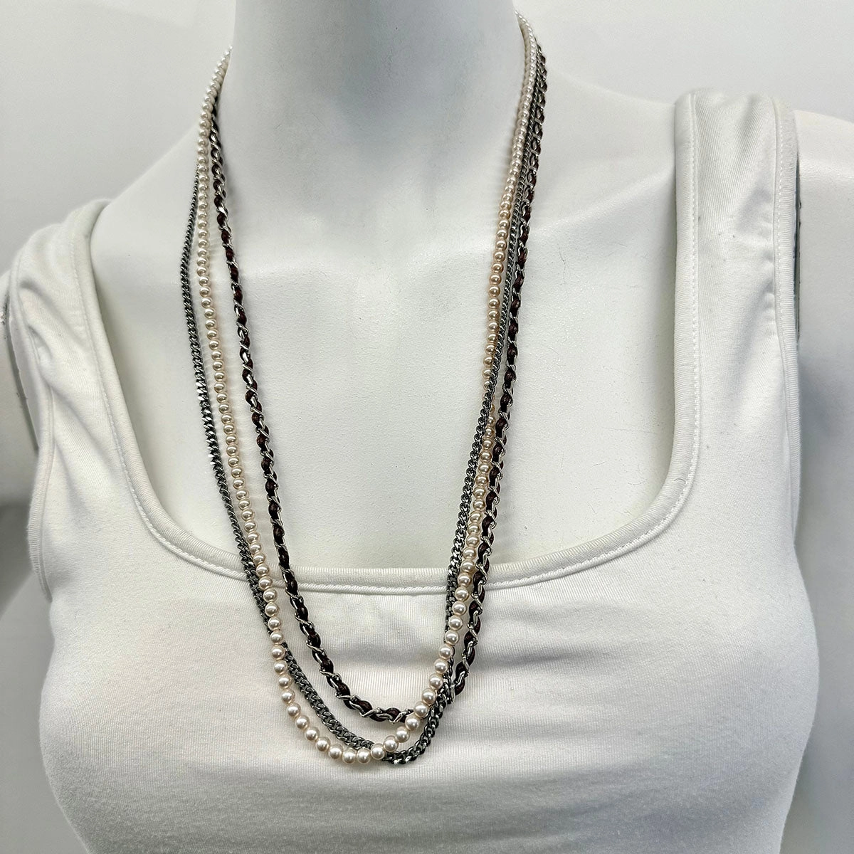 Chanel 3 Strand 28" Necklace with Faux Pearls and CC Logo / Eye Glass Necklace