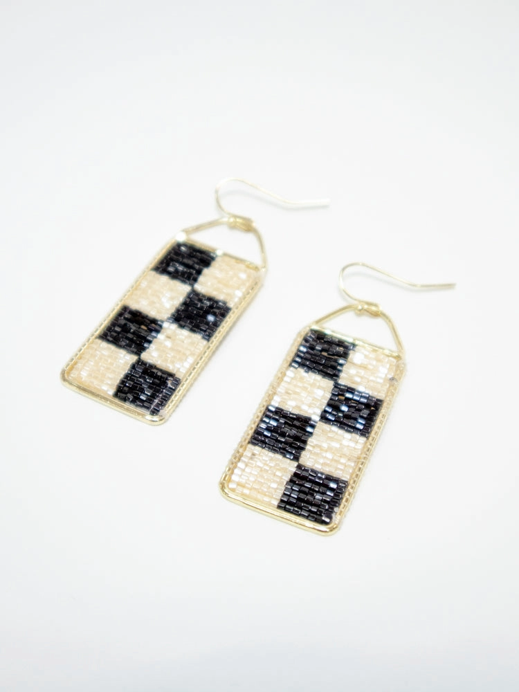 Checker Beaded Earrings - Black