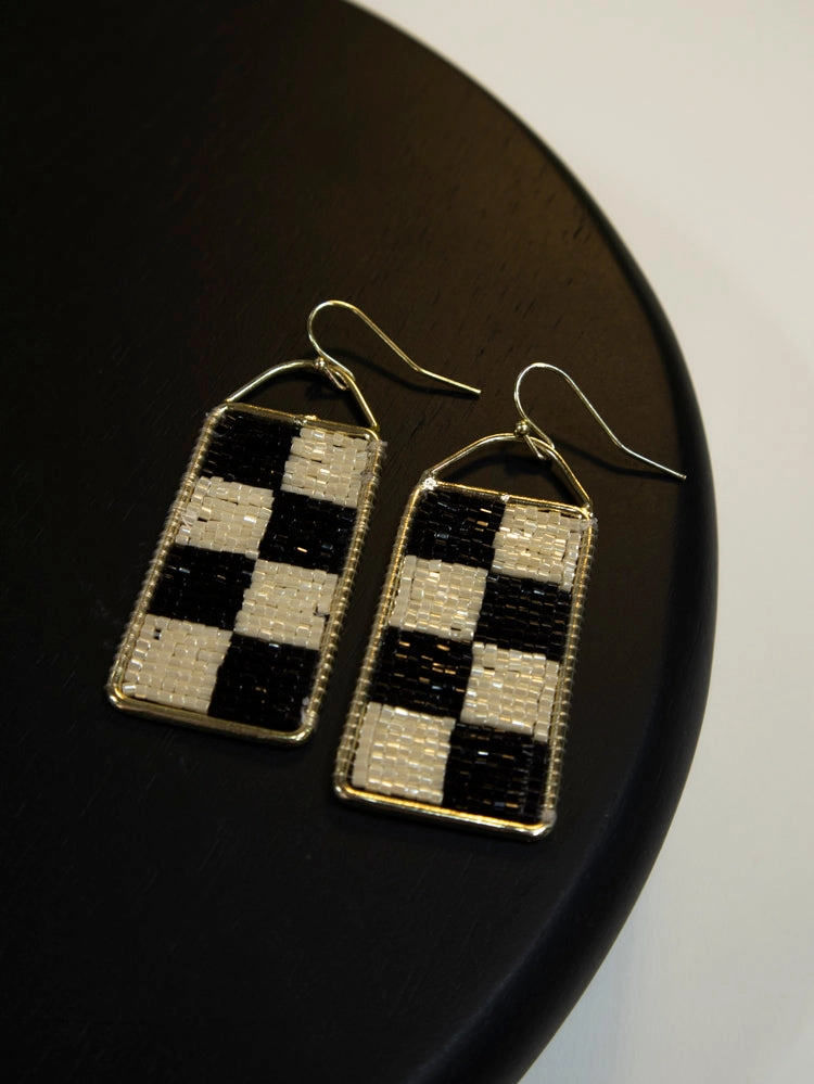 Checker Beaded Earrings - Black