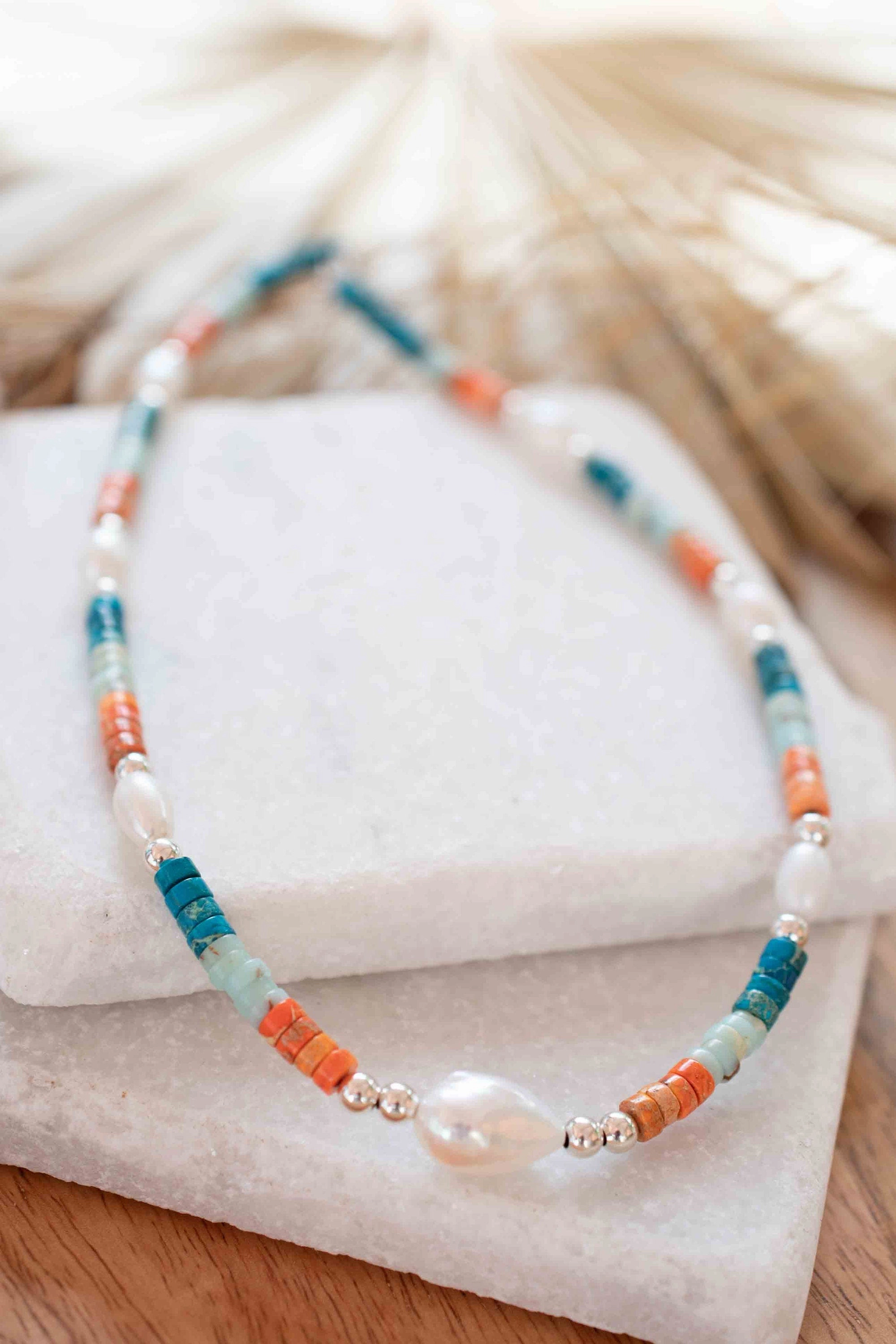 Colored Jasper and Pearl necklace~ Sterling Silver 925 or Gold Filled ~ MN100