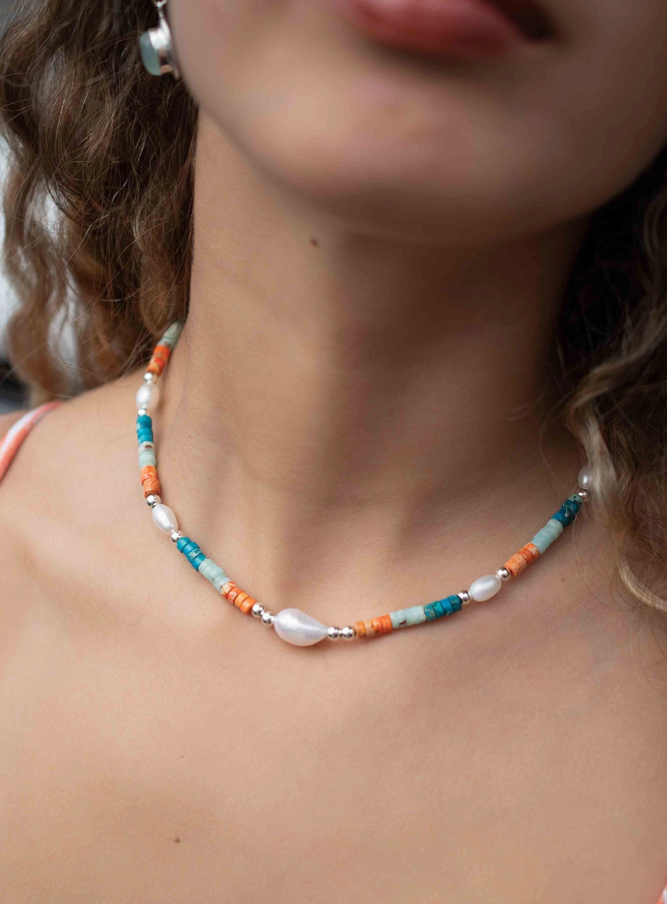 Colored Jasper and Pearl necklace~ Sterling Silver 925 or Gold Filled ~ MN100