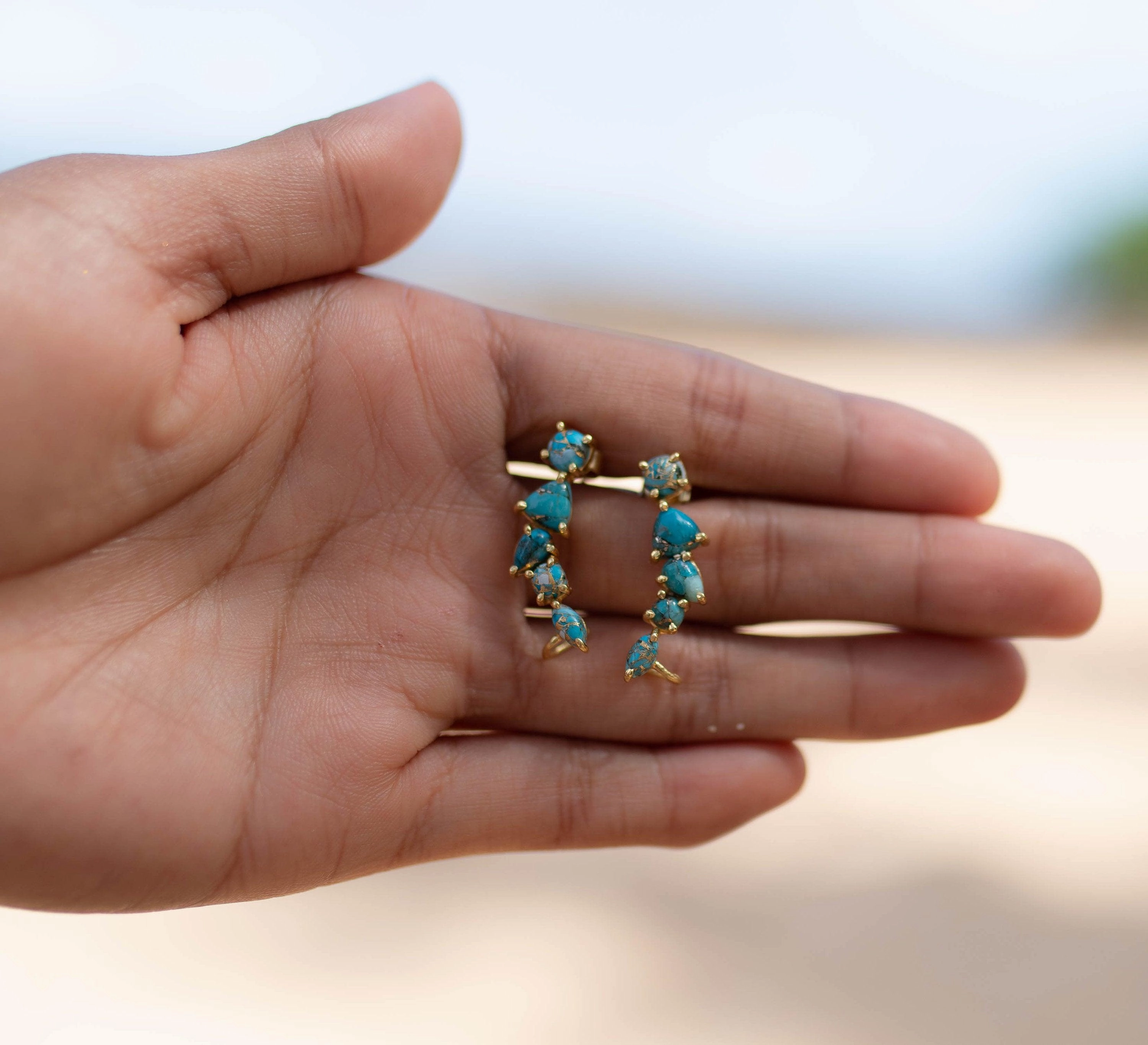 Copper Turquoise Ear Climber Earrings ~ 18k Gold Plated ~ ME171