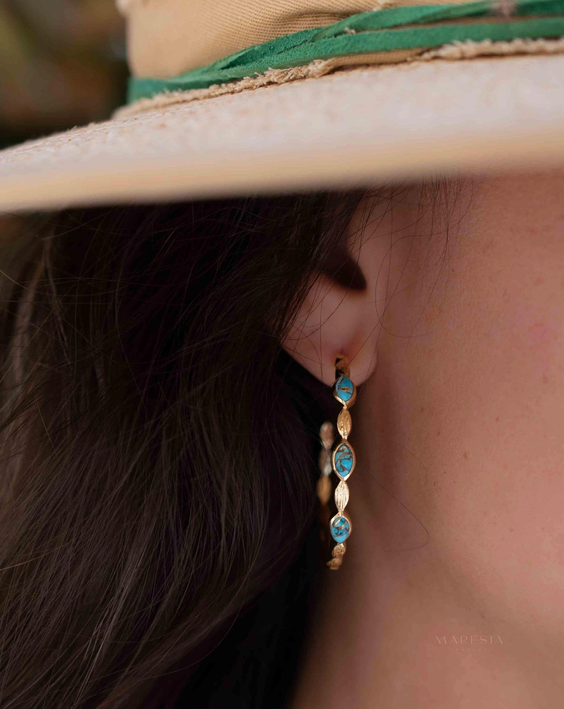Copper Turquoise Hoop Earrings 18k Gold Plated Earrings ~ ME206