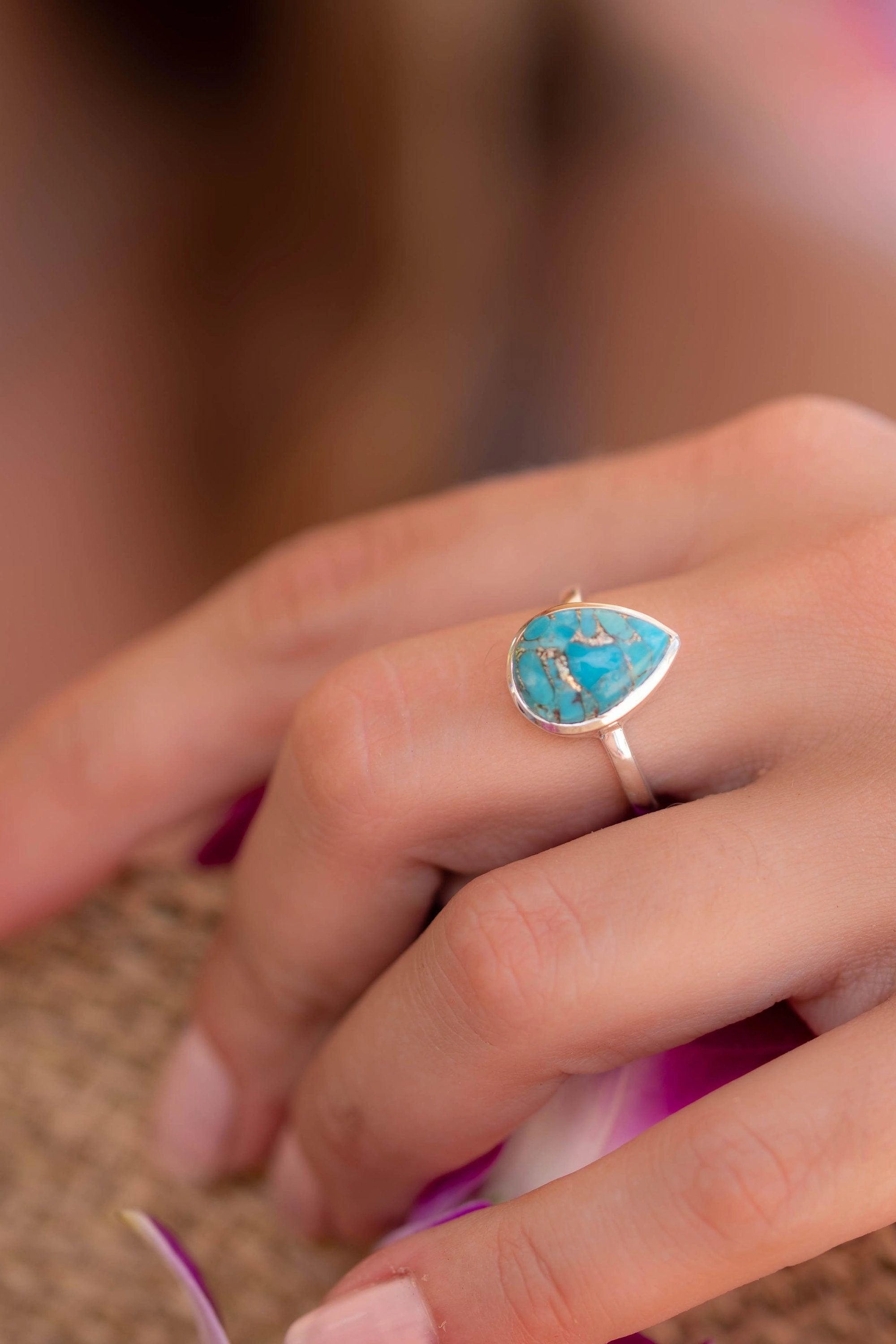 Copper Turquoise Tear Drop Ring ~ Sterling Silver 925 ~ MR224