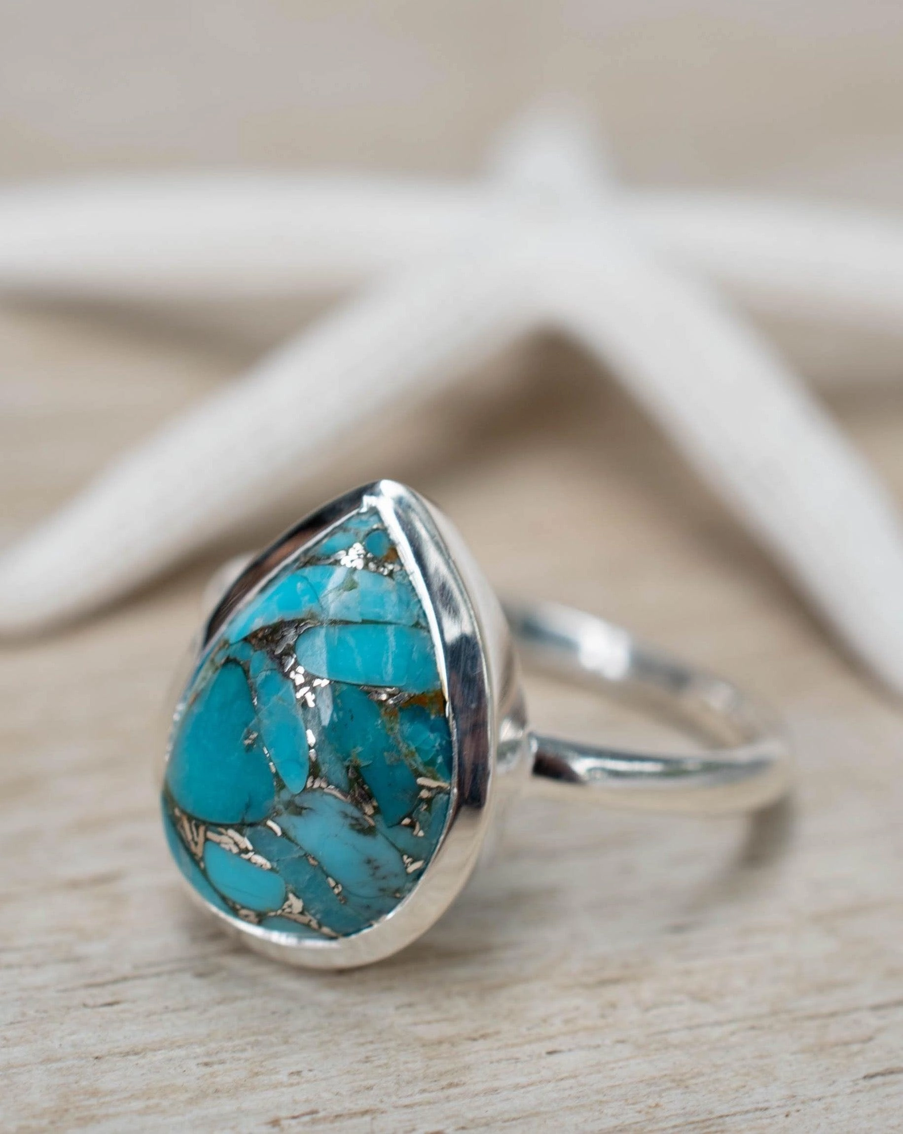 Copper Turquoise Tear Drop Ring ~ Sterling Silver 925 ~ MR224