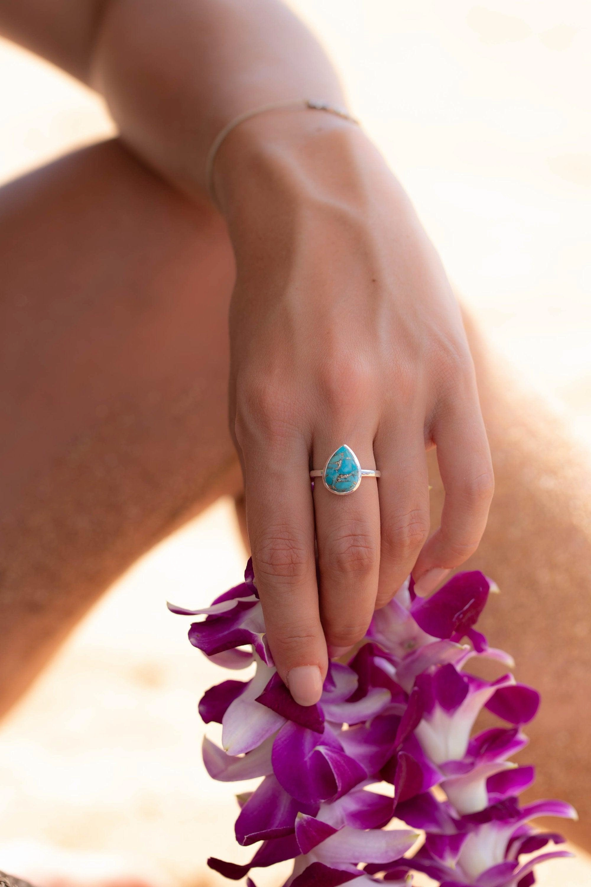 Copper Turquoise Tear Drop Ring ~ Sterling Silver 925 ~ MR224