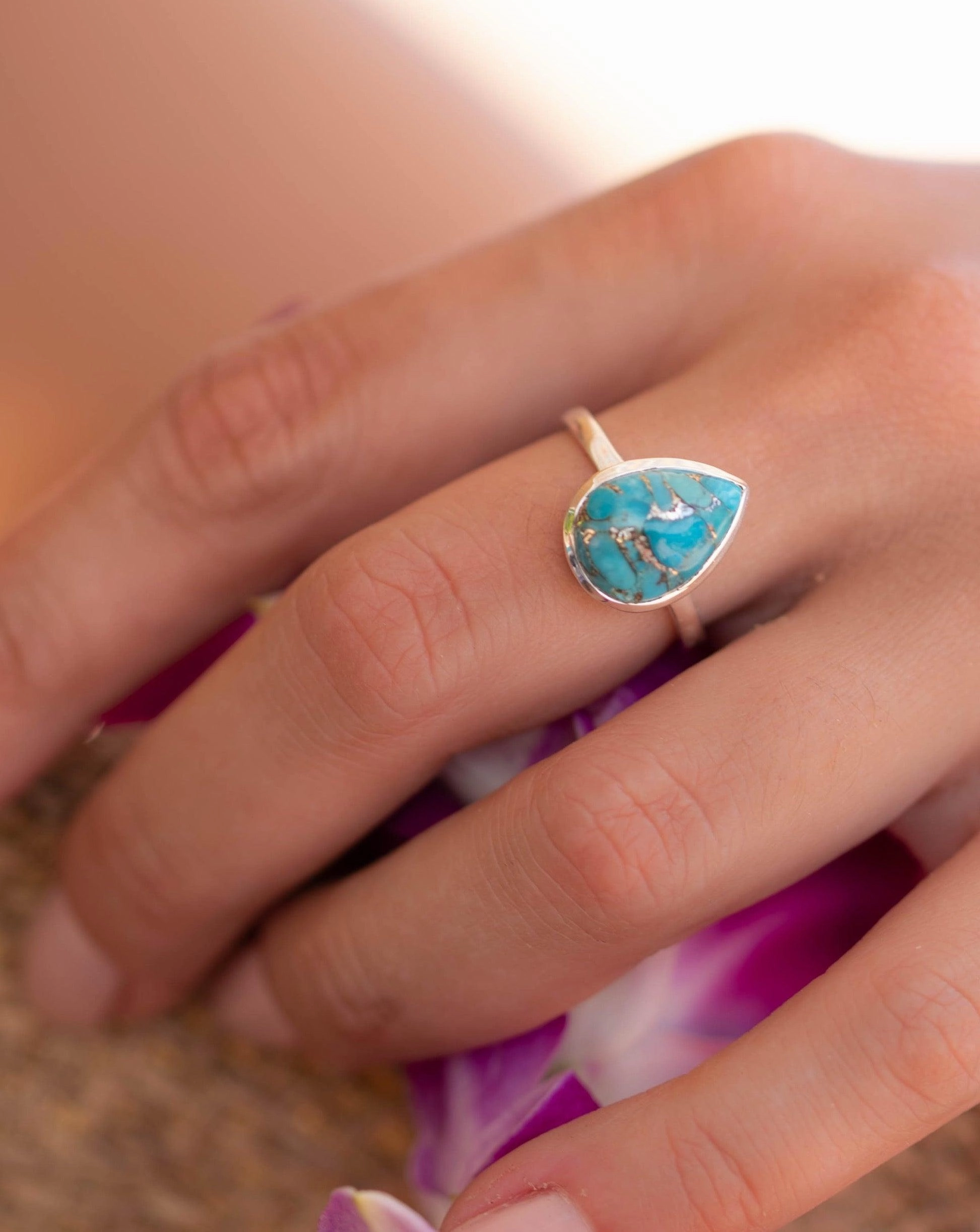 Copper Turquoise Tear Drop Ring ~ Sterling Silver 925 ~ MR224
