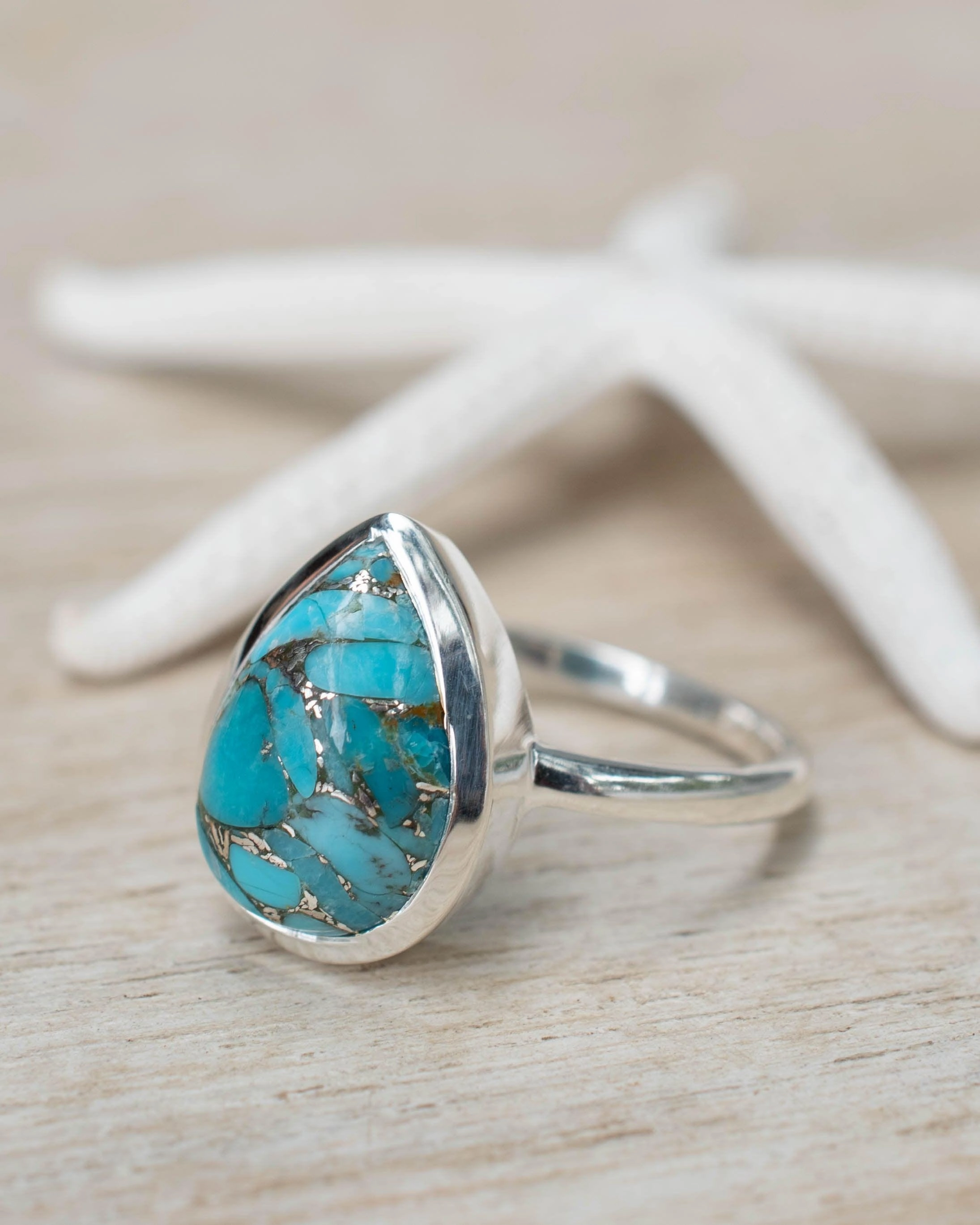 Copper Turquoise Tear Drop Ring ~ Sterling Silver 925 ~ MR224