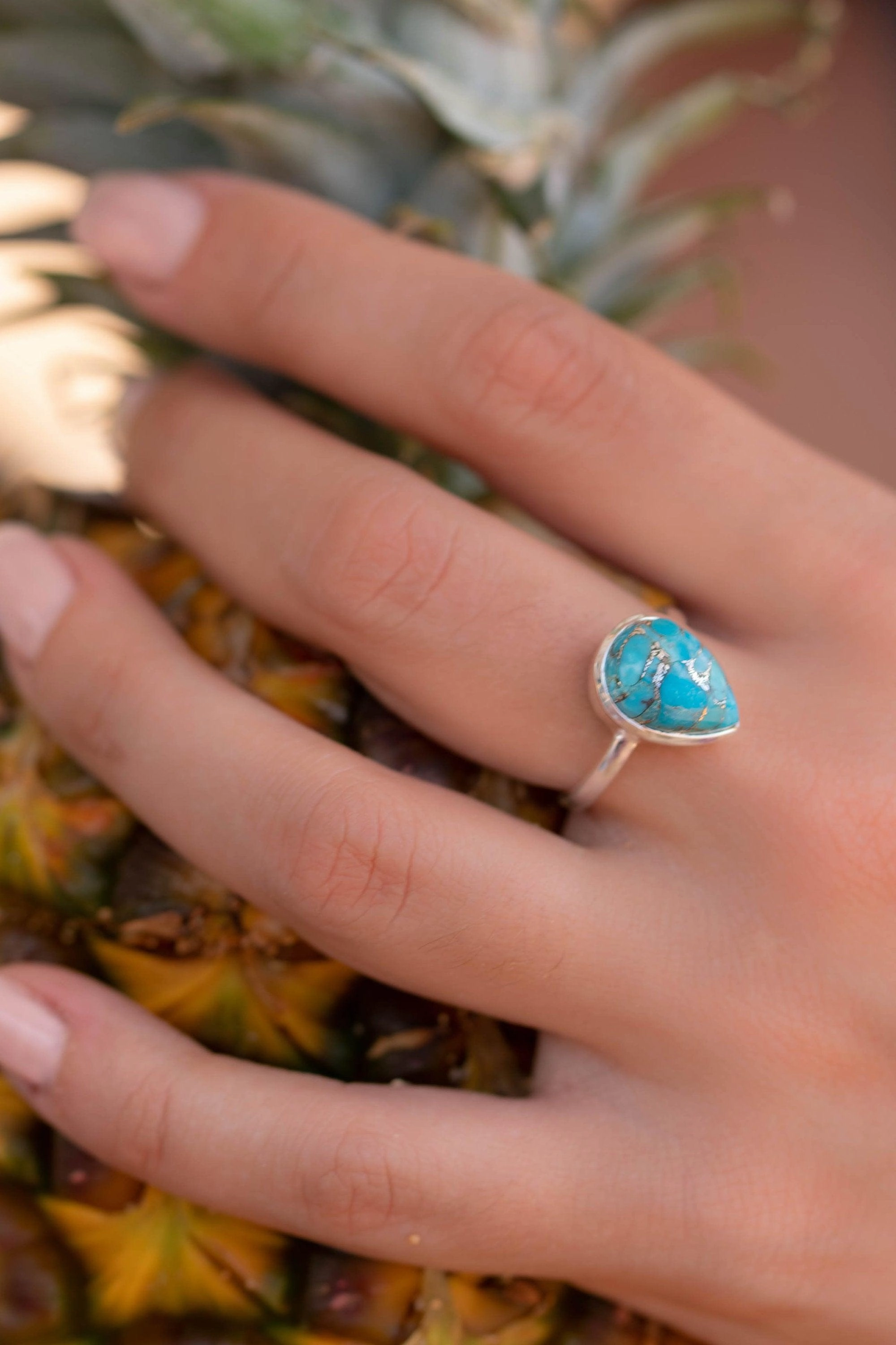 Copper Turquoise Tear Drop Ring ~ Sterling Silver 925 ~ MR224