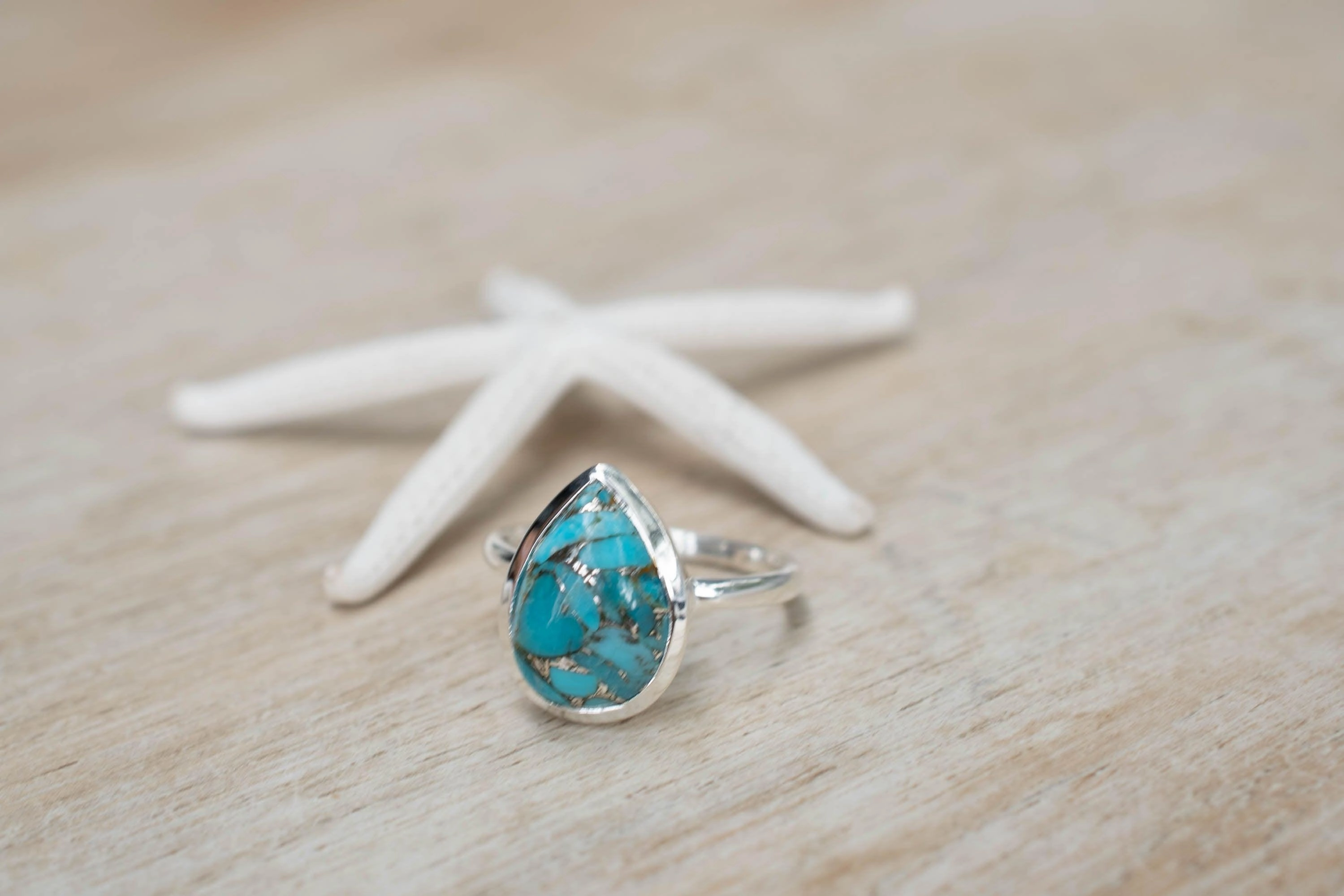 Copper Turquoise Tear Drop Ring ~ Sterling Silver 925 ~ MR224