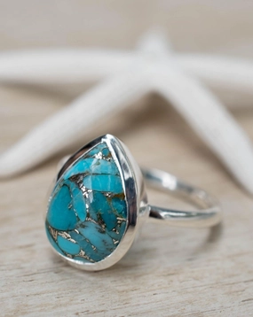Copper Turquoise Tear Drop Ring ~ Sterling Silver 925 ~ MR224