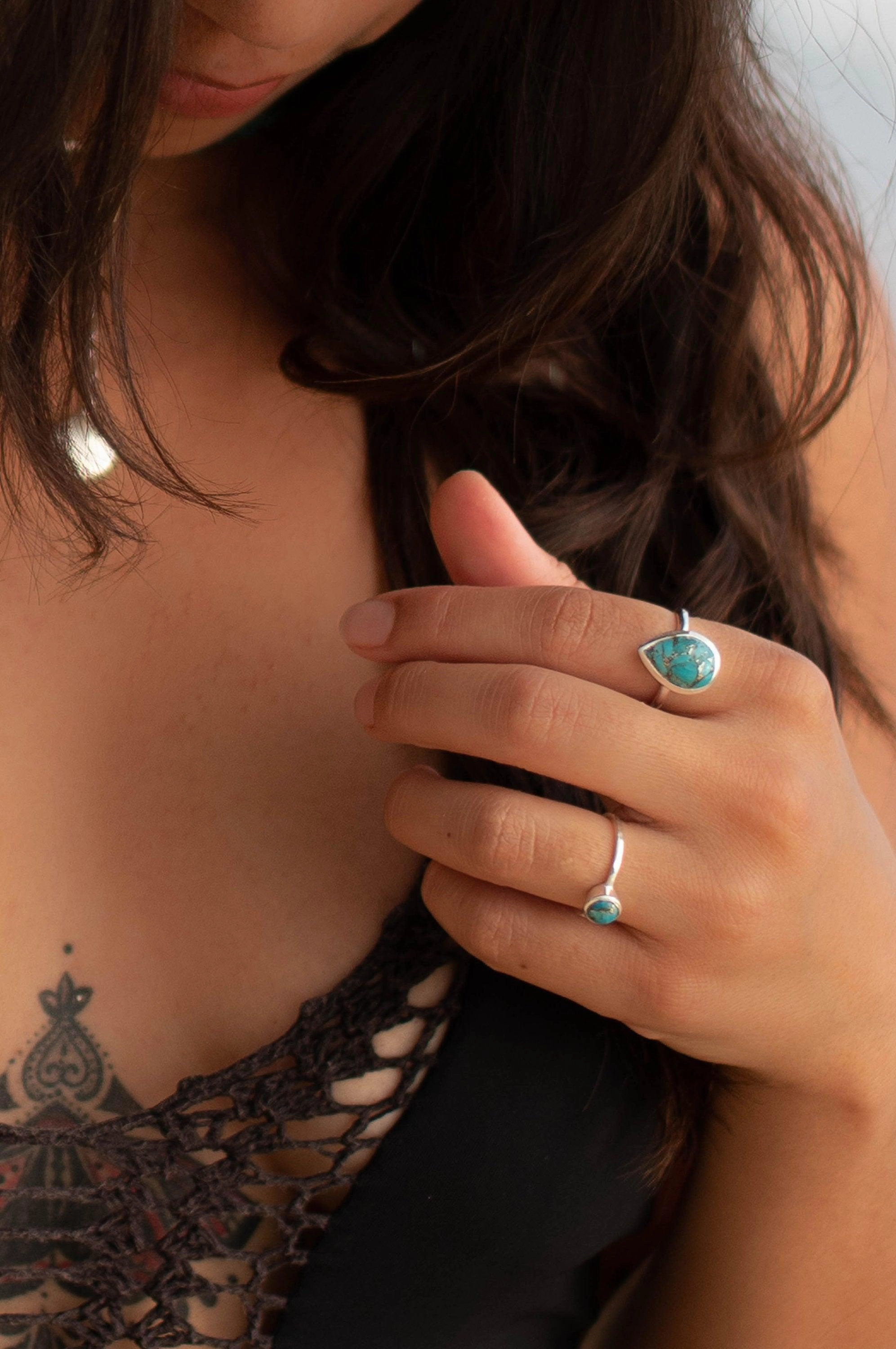 Copper Turquoise Tear Drop Ring ~ Sterling Silver 925 ~ MR224