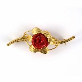 Coral Carved Rosebud Floral Pin