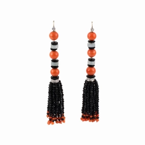 Coral, Jadeite & Onyx Tassel Earrings