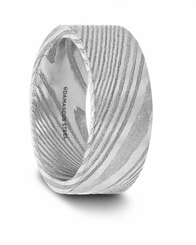 Damascus Steel Xander 6mm Vivid Etched Design On Grey Flat Brushed Wedding Band