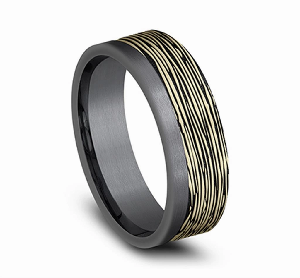 Darkened Tantalum And 14K Yellow Gold The Aspen Horizontal Bark Pattern 7mm Wedding Band