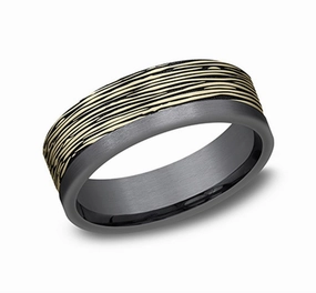 Darkened Tantalum And 14K Yellow Gold The Aspen Horizontal Bark Pattern 7mm Wedding Band