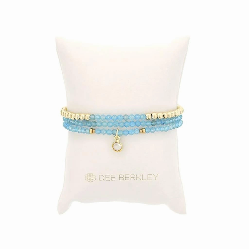 December Birthstone Bracelet Stack: Blue Topaz And Gold Filled Beads Bracelet With Clear Quartz Bezel