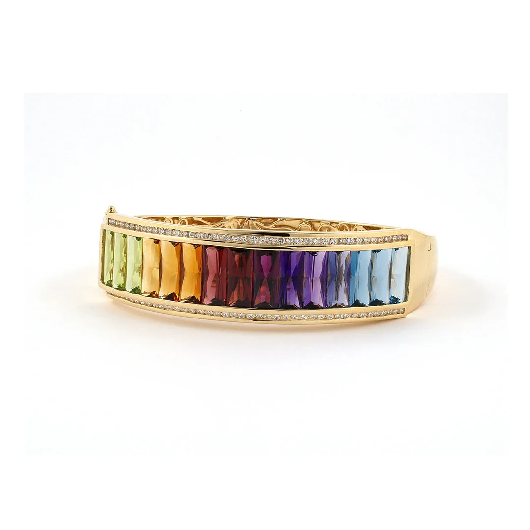 Diamond & Multi-Gemstone Rainbow Hinged Bangle Bracelet