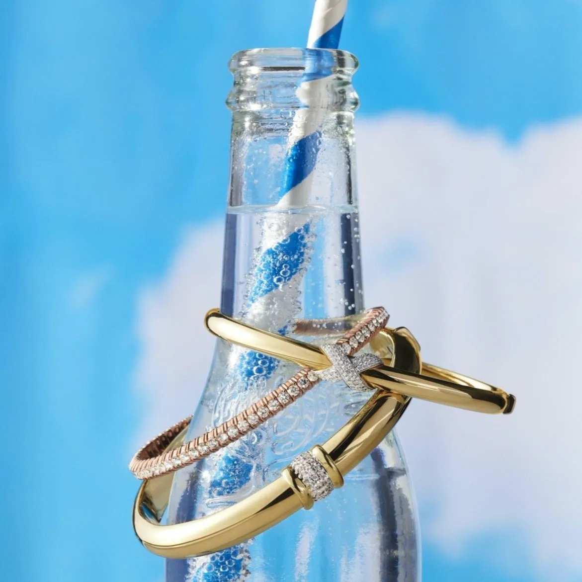 Diamond Crossed Gold Hinged Bangle