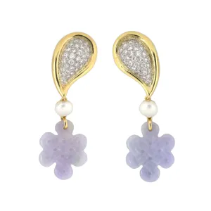 Diamond, Pearl & Lavender Jadeite Eternity Knot Drop Earrings