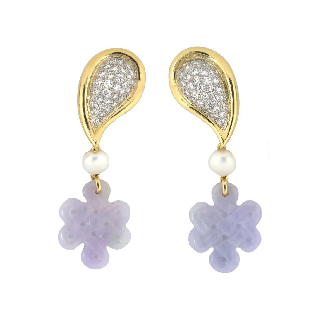 Diamond, Pearl & Lavender Jadeite Eternity Knot Drop Earrings
