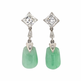 Diamond & Green Jadeite Briolette Dangle Drop Earrings