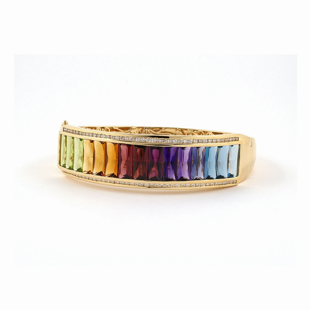 Diamond & Multi-Gemstone Rainbow Hinged Bangle Bracelet