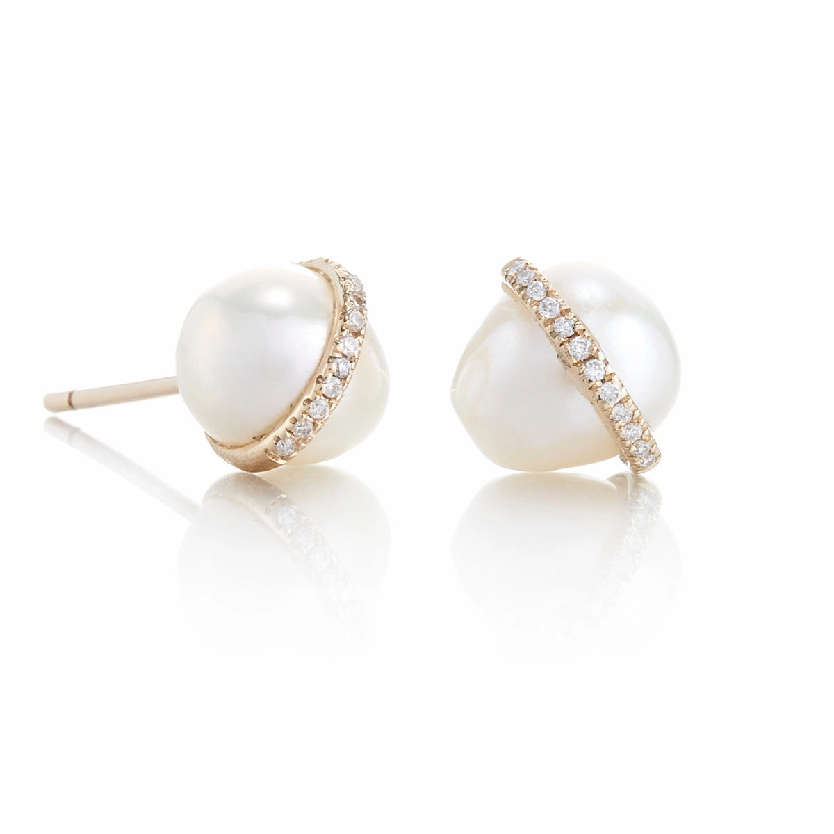 Diamond Bezel-Wrapped Pearl Stud Earrings