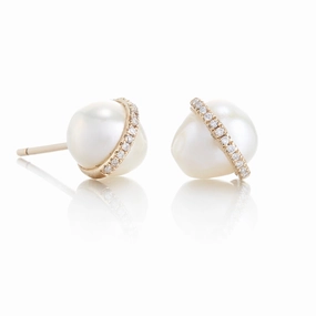 Diamond Bezel-Wrapped Pearl Stud Earrings
