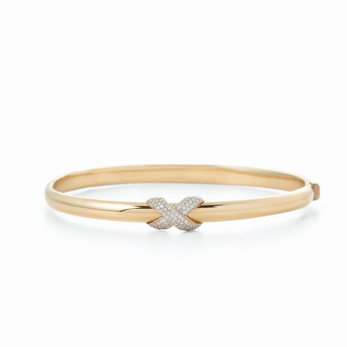 Diamond Crossed Gold Hinged Bangle