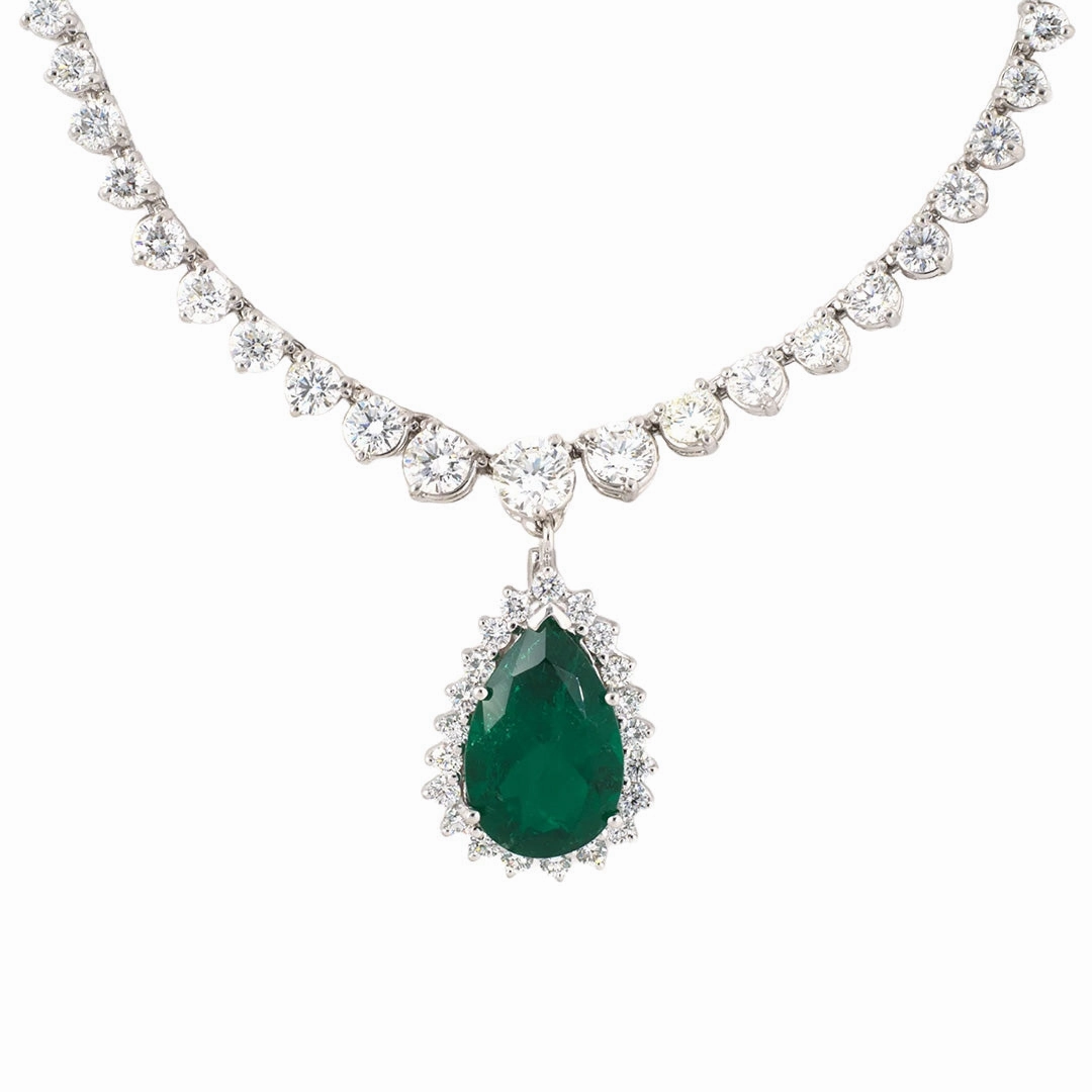 Diamond Rivire Necklace with Detachable Colombian Emerald Pendant