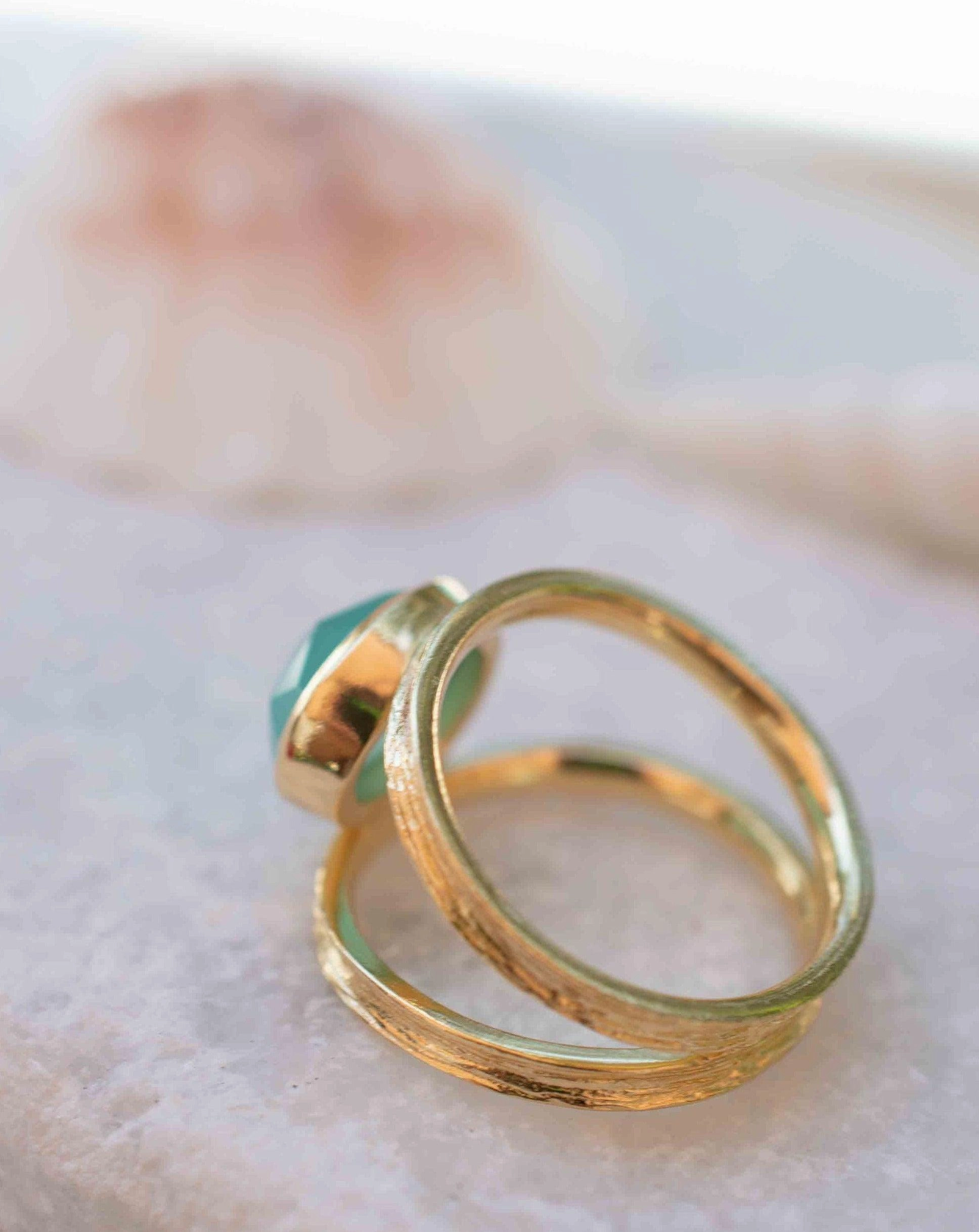 Double Ring ~ Aqua Chalcedony ~ 18k Gold Plated ~ MR309