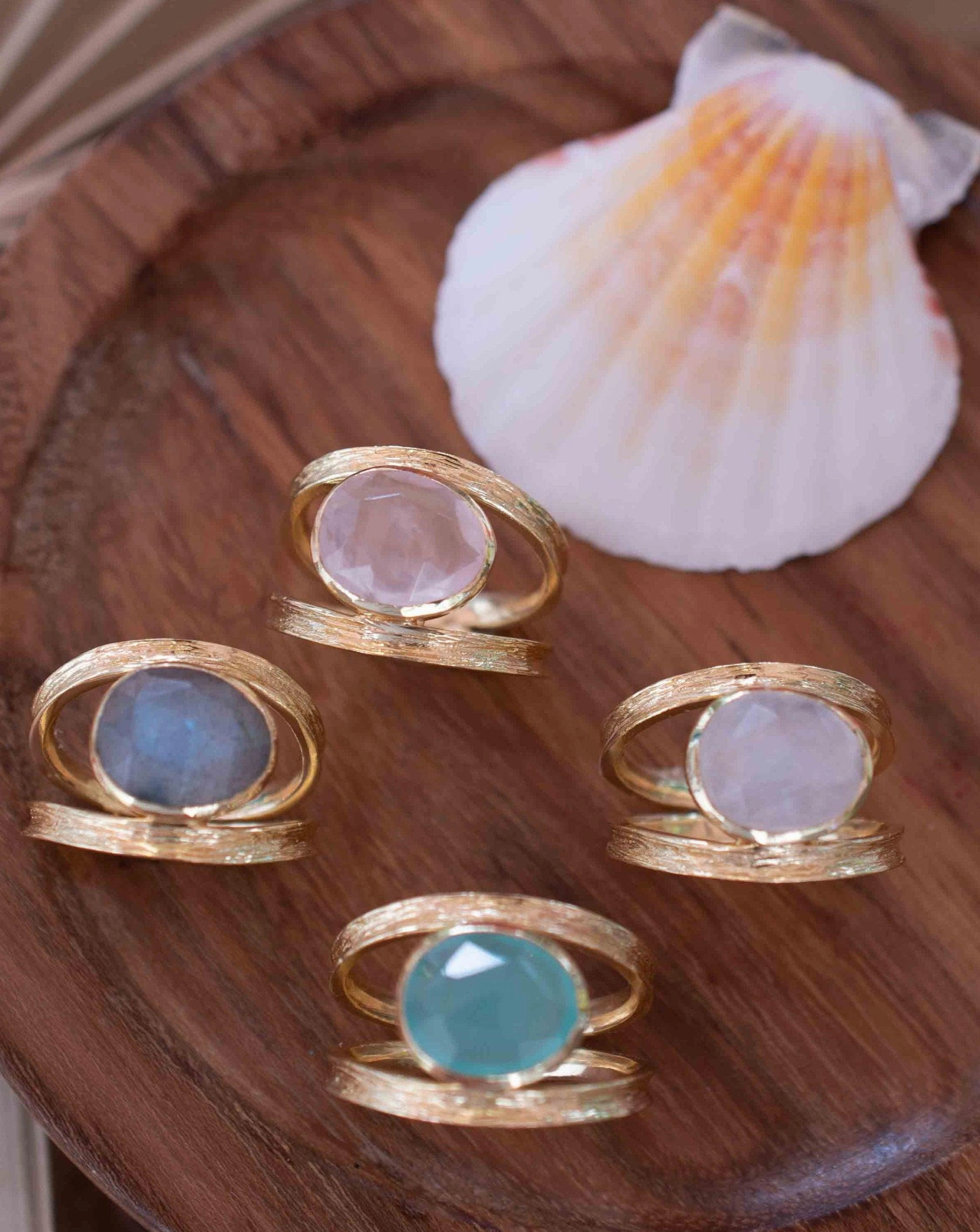 Double Ring ~ Aqua Chalcedony ~ 18k Gold Plated ~ MR309